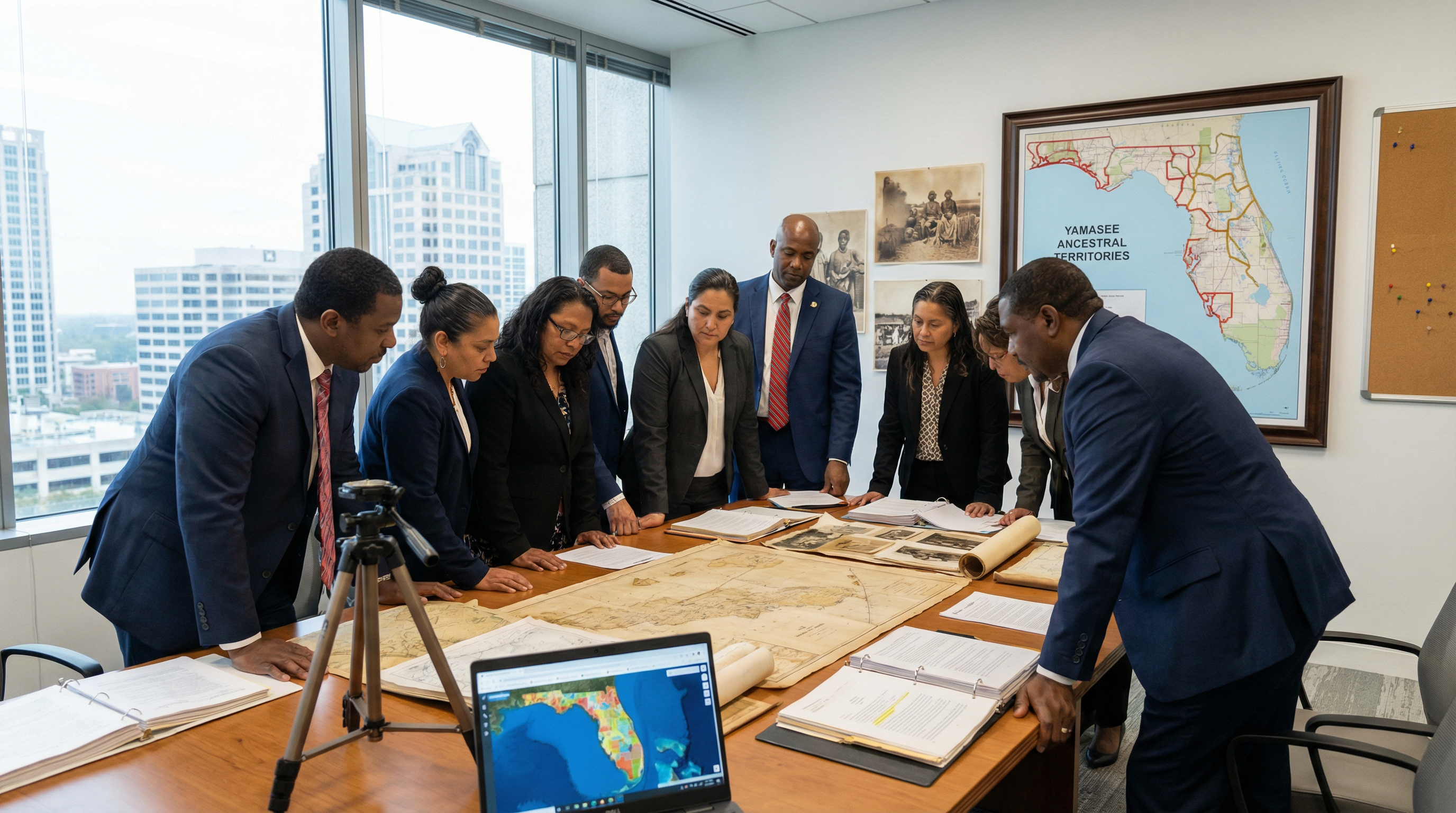 Modern Yamasee leader reviewing land reclamation documents with Spanish land grants and federal patents