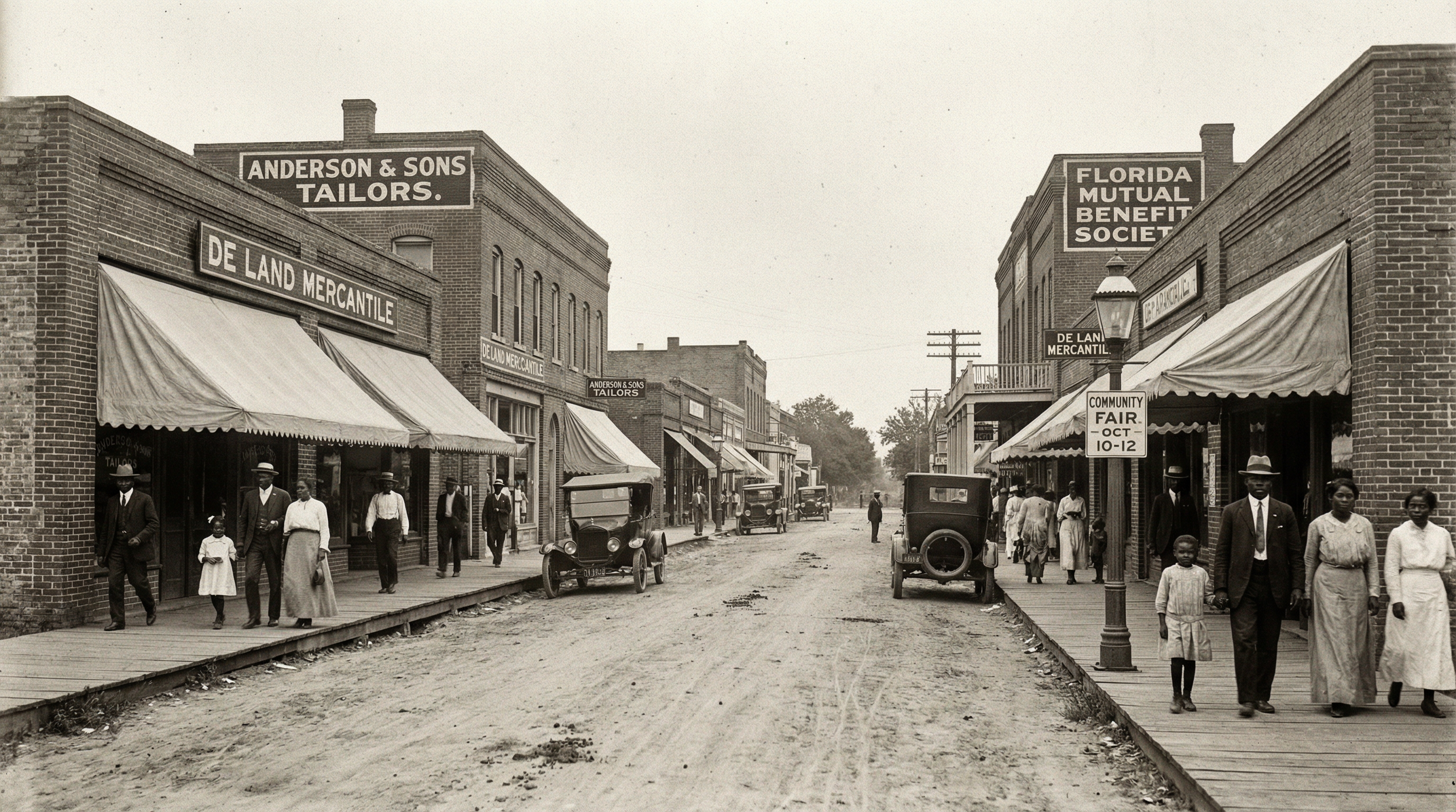 Historical representation of thriving Black business district in 1920s DeLand Florida with storefronts, families, and Model T cars