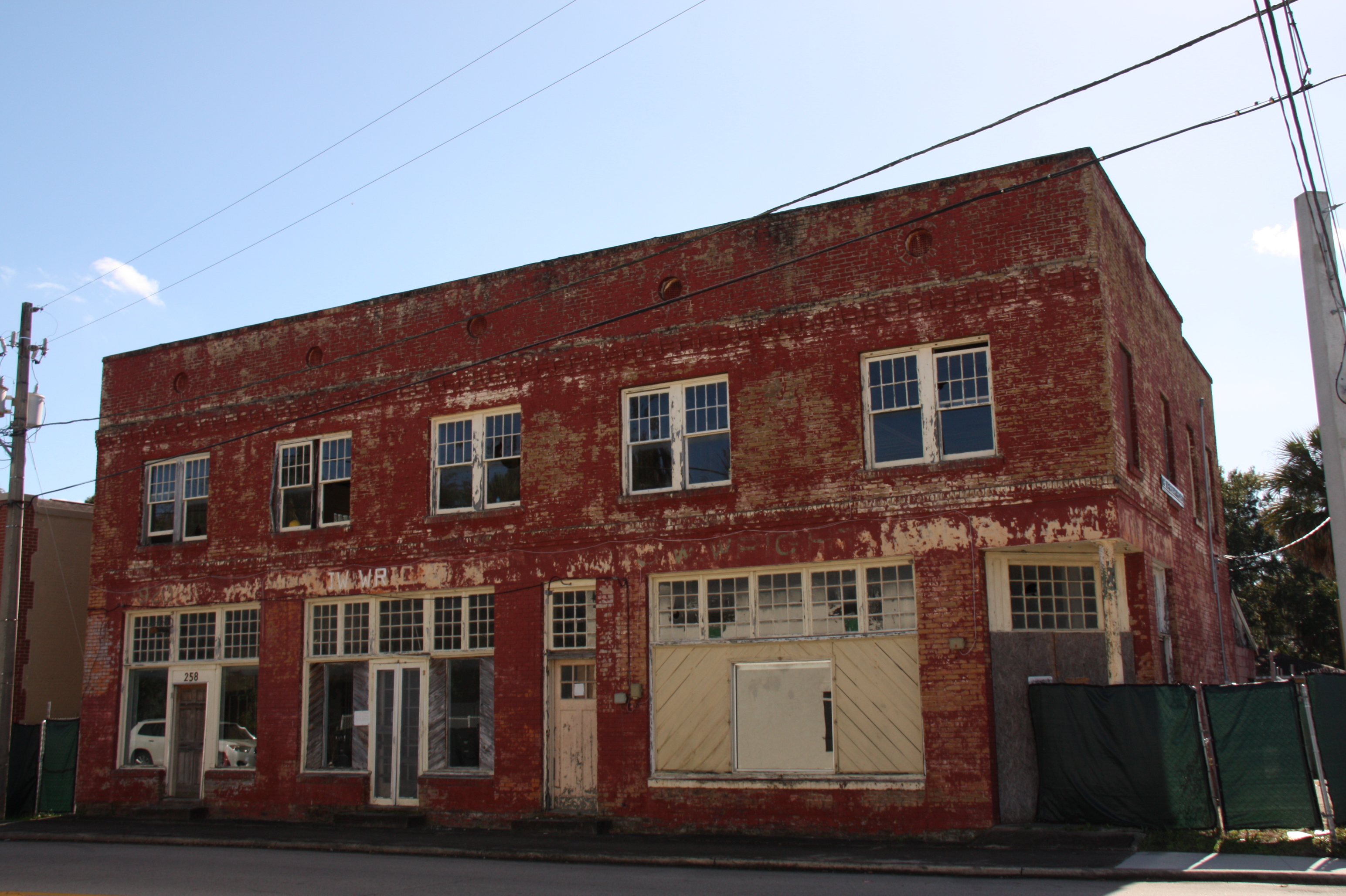 James W. Wright Building front facade at corner of Voorhis and Clara Avenue, DeLand, Florida - two-story brick commercial building constructed in 1920