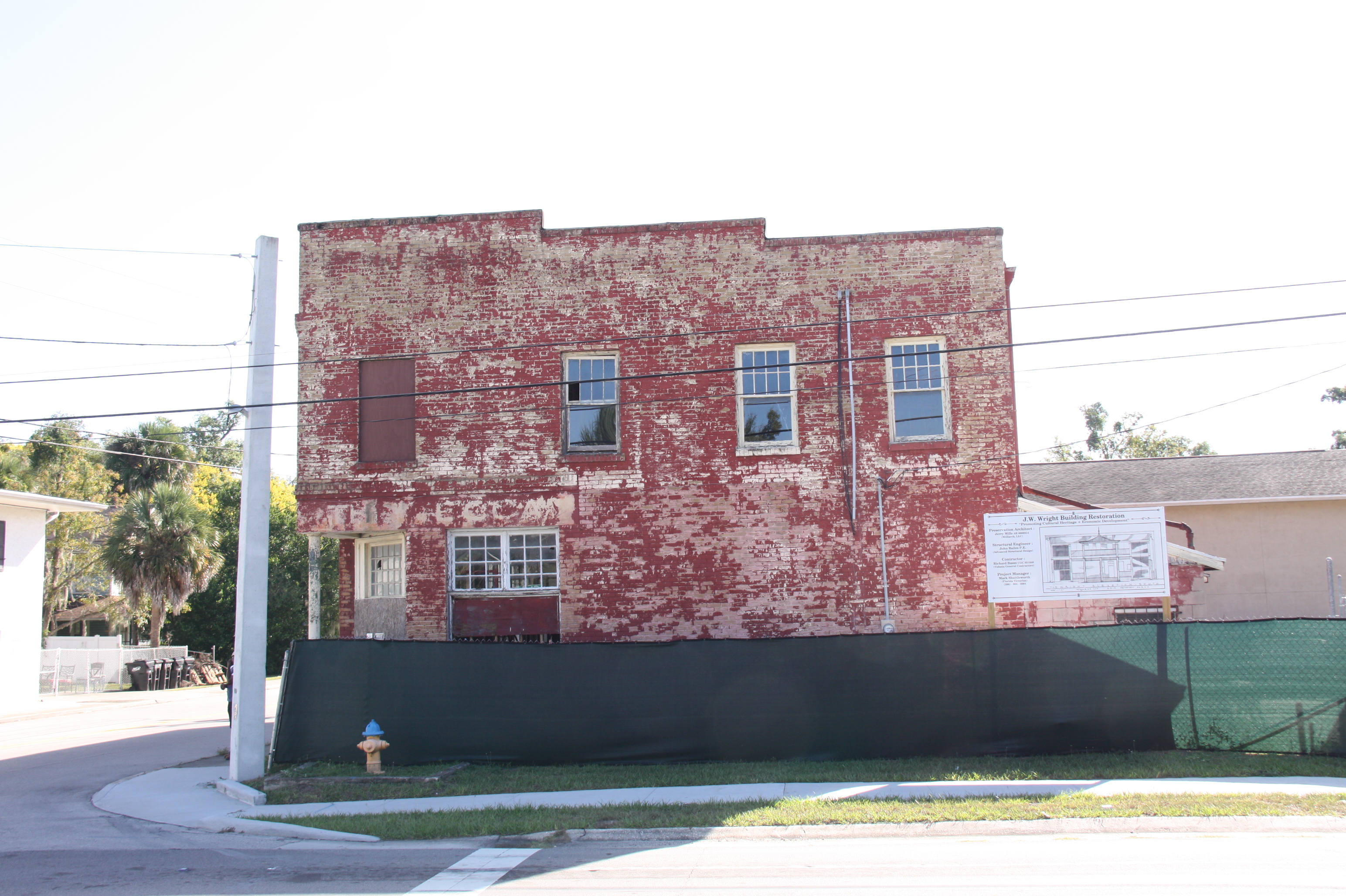 Side view of James W. Wright Building showing architectural details and brick construction