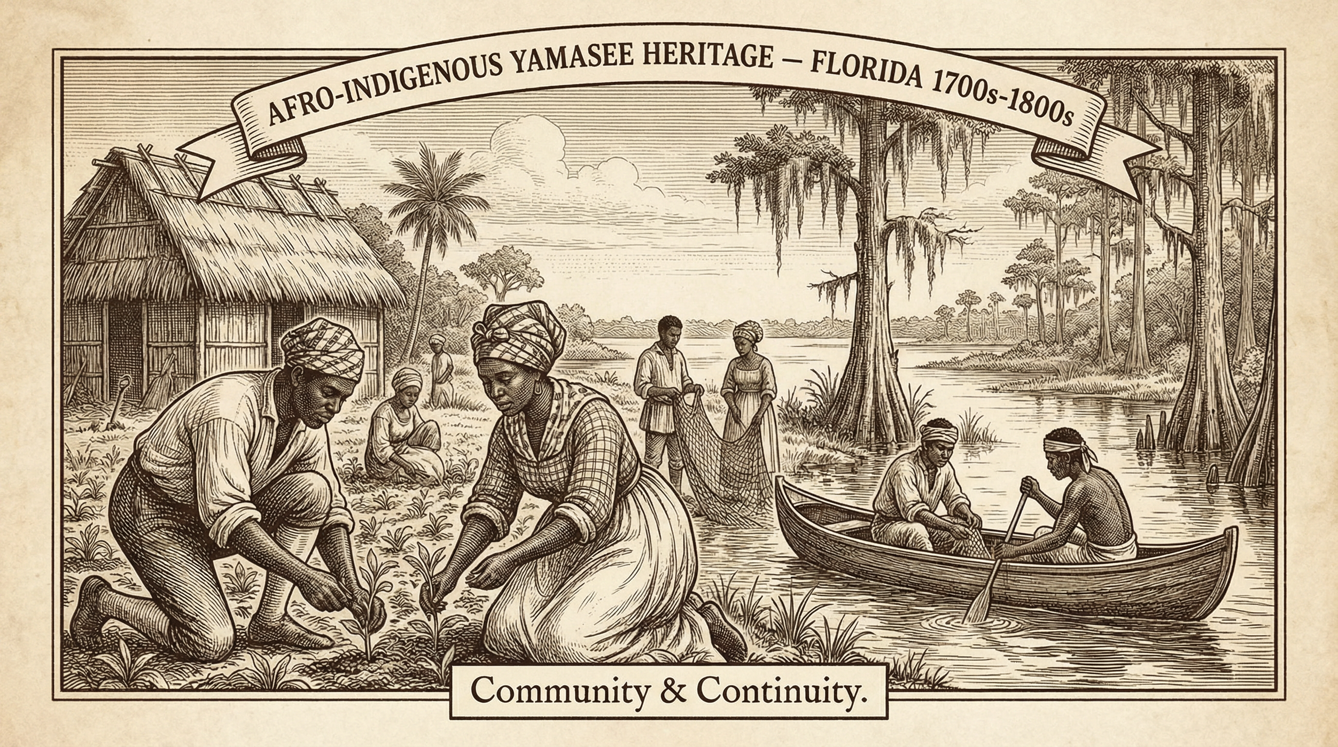 Historical illustration showing Afro-Indigenous Yamasee families in early Florida, depicting the cultural continuity between Yamasee heritage and later Black communities
