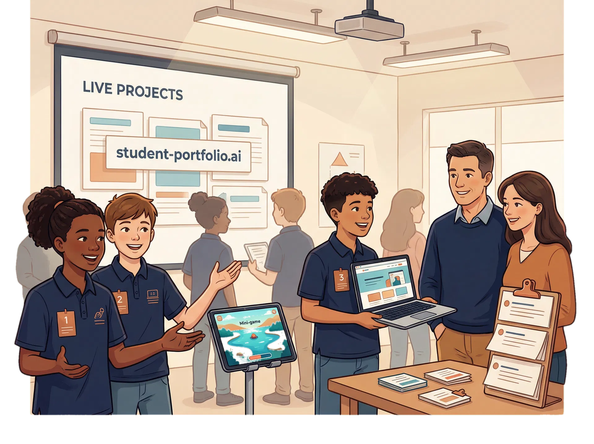 学生在 Demo Day 上向家长展示作品
