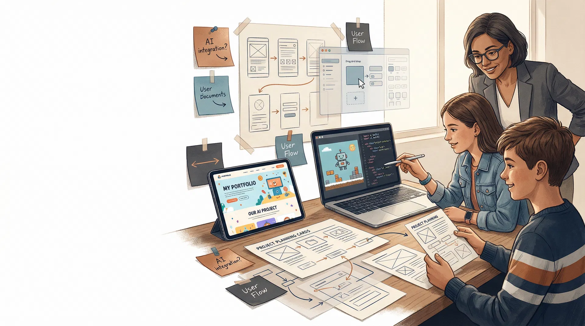 学生在 Zyntri 工作台式课堂环境中协作完成 AI Builder 项目