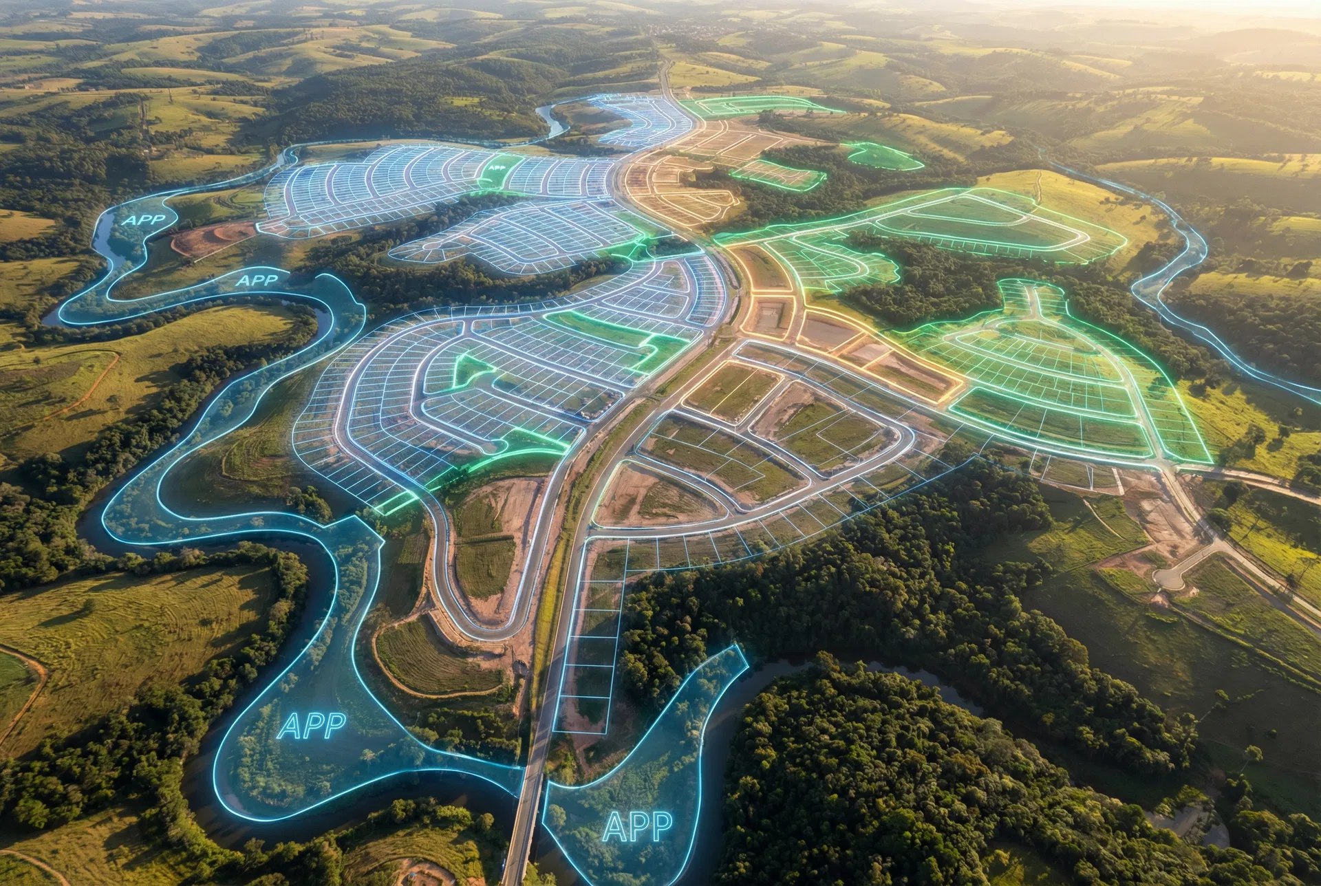 Mapa 3D com realidade aumentada mostrando loteamento com APPs e zoneamento