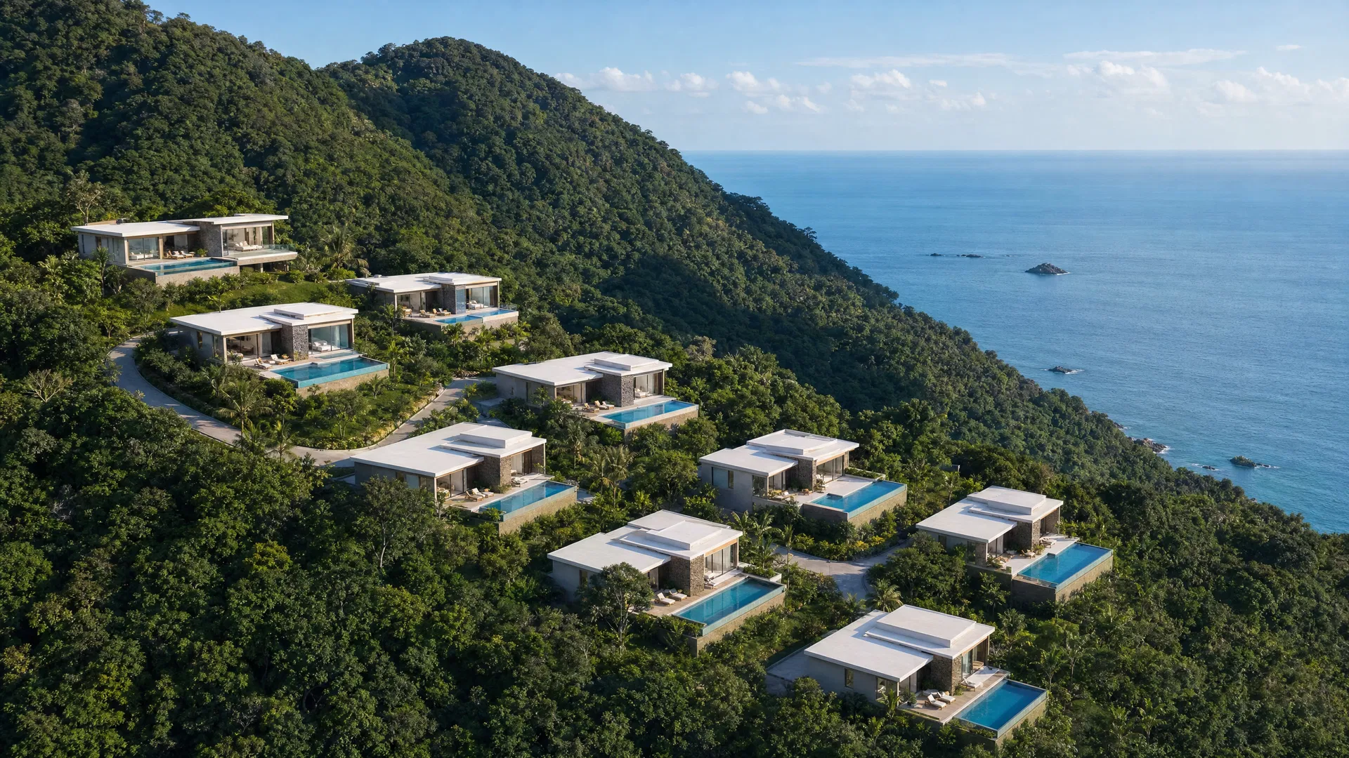 Nine Galaxy Sea-View Villas on a tropical hillside facing the ocean