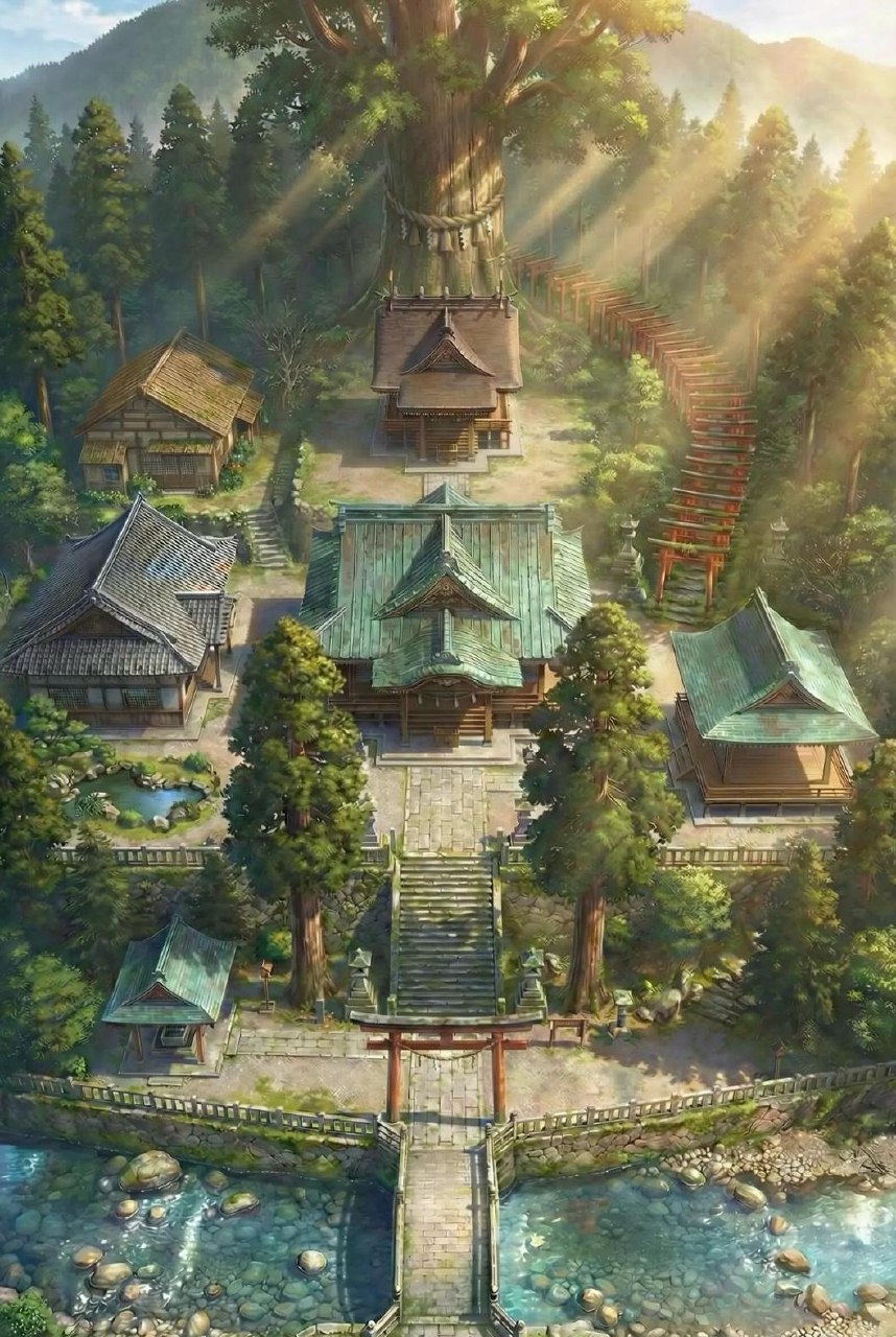 KAGURA - KAGURA 神社全景 - 御神木と境内: KAGURAの舞台となる神社の全景。御神木を中心に広がる境内と鳥居が印象的な俯瞰ショット。