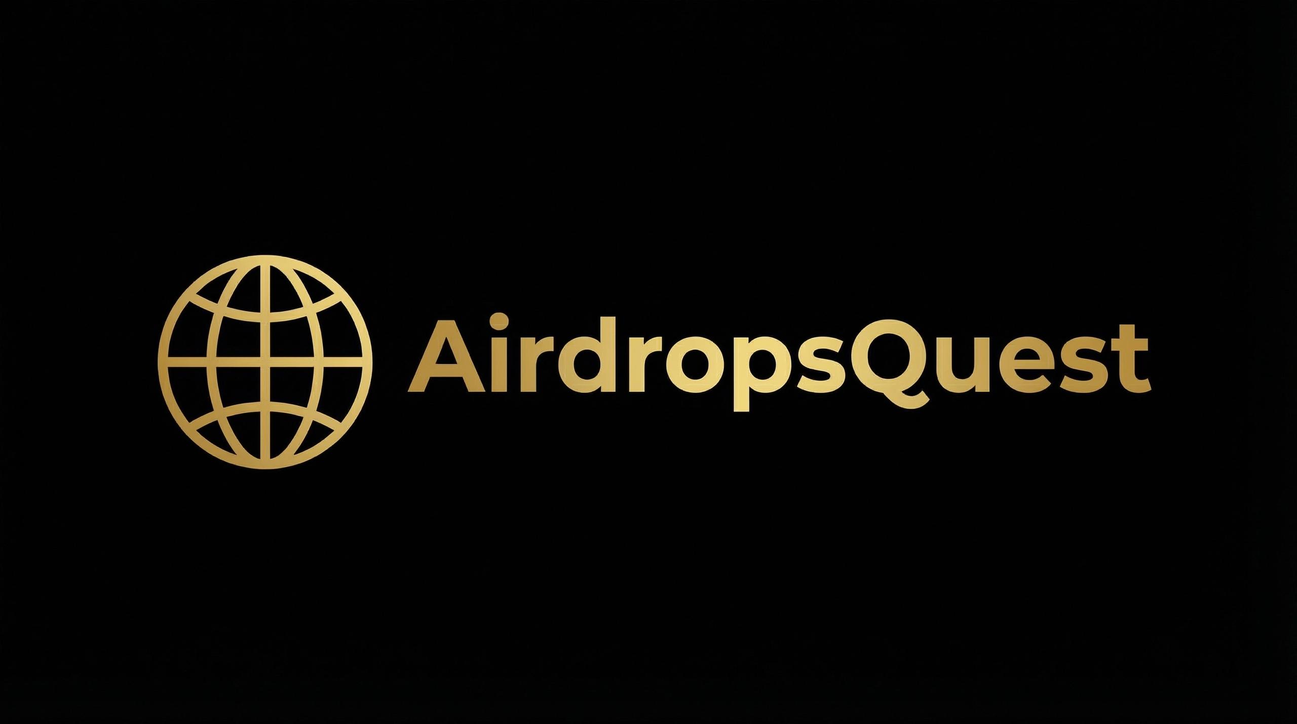 AirdropsQuest - AirdropsQuest ロゴ - ゴールド横型: AirdropsQuestの公式ロゴ。黒背景にゴールドの地球アイコンとテキスト「AirdropsQuest」の横型デザイン。