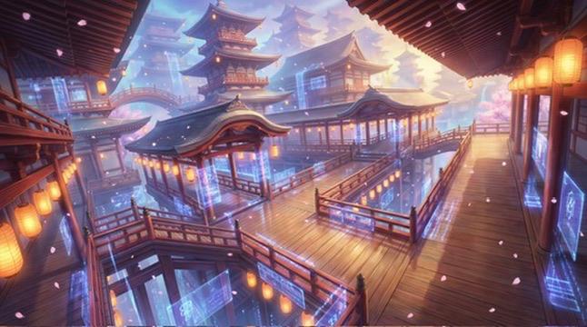 IZANA - IZANA 和風サイバー都市: 和風建築とサイバー技術が融合した都市の背景イラスト。桜の花びらと提灯が漂う幻想的な夜景。