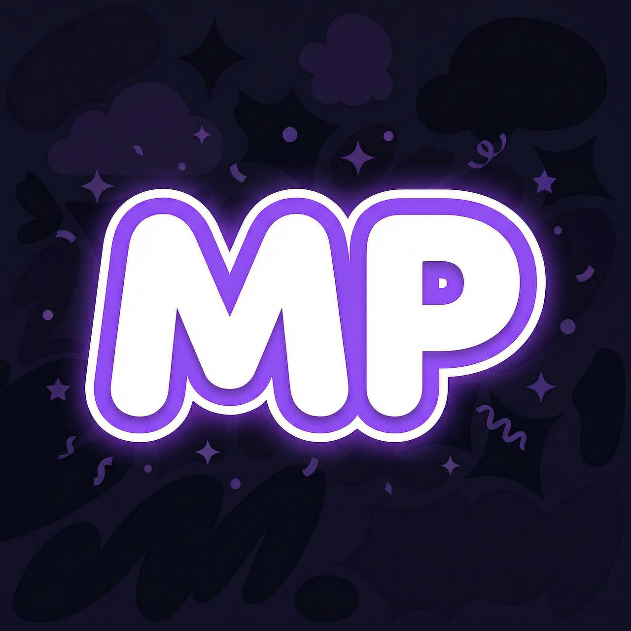 Mint Party - MP アイコン - パープルネオングロー: Mint Partyの公式アイコン。ダークネイビー背景にパープルネオングローのMPイニシャルの正方形デザイン。