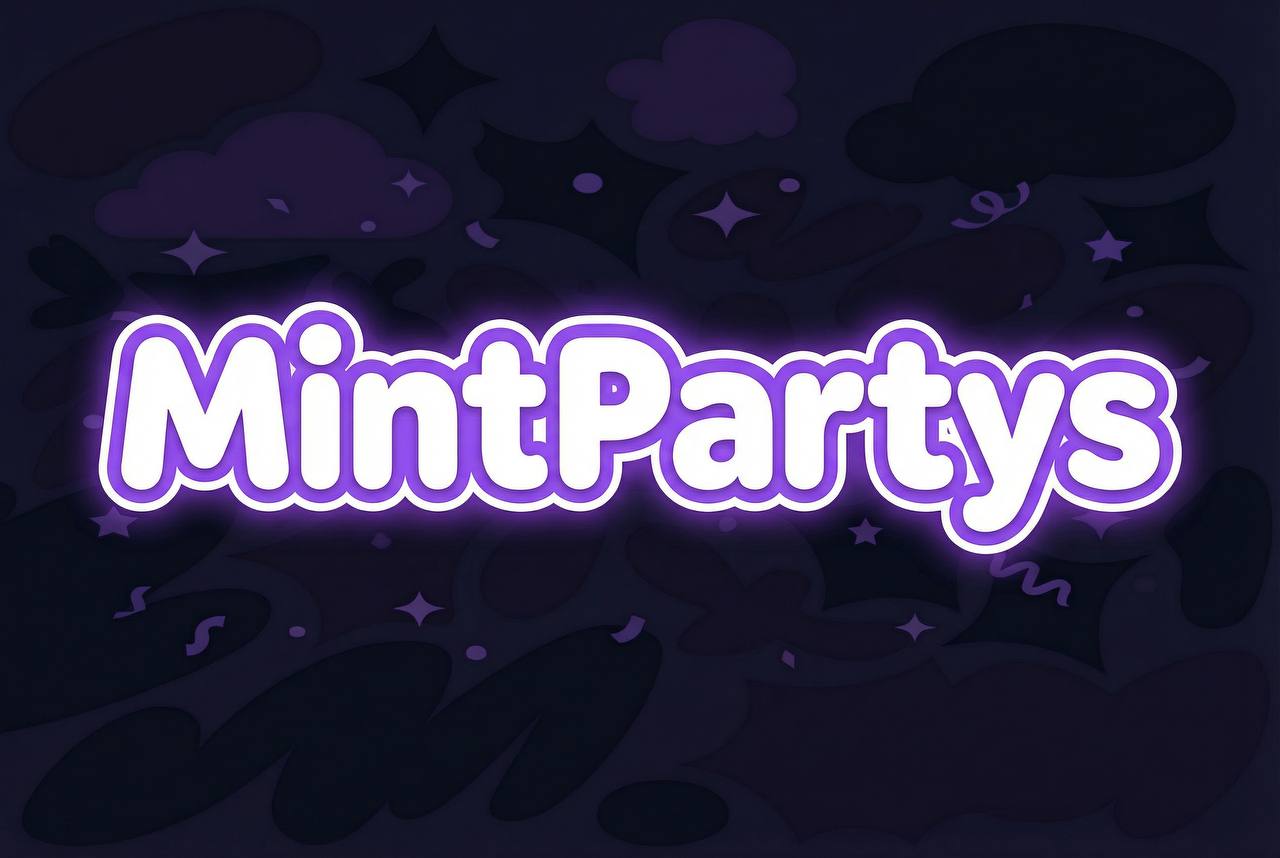 Mint Party - MintPartys テキストロゴ - パープルネオングロー: Mint Partyの公式テキストロゴ。ダークネイビー背景にパープルネオングローのMintPartysロゴ横型デザイン。