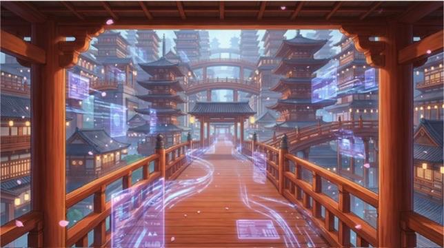 IZANA - IZANA 和風サイバー都市 - 橋の回廊: OSHIのスライム形態。魔法陣に浮かぶ幻想的な姿。