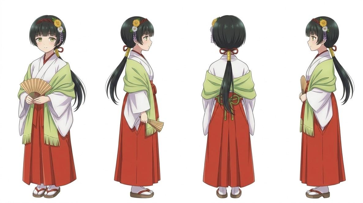 東雲碧 - 東雲碧 キャラクターシート（四方向ビュー）: 東雲碧（あおい）の公式キャラクターシート。正面・右側面・背面・左側面の四方向ビュー。白い着物に黄緑色の羽織、赤い袴、菊の花飾り、扇子。