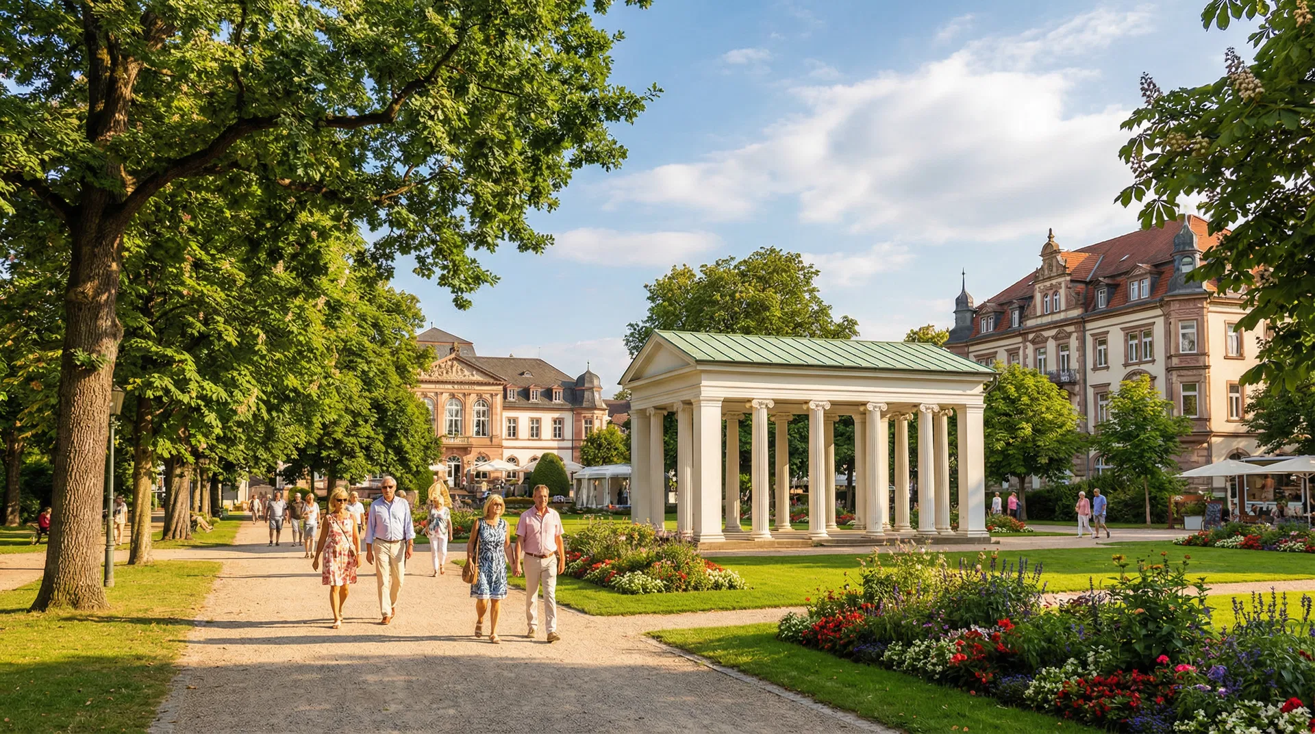 Historischer Kurpark Bad Homburg mit Pavillon und Blumenbeeten