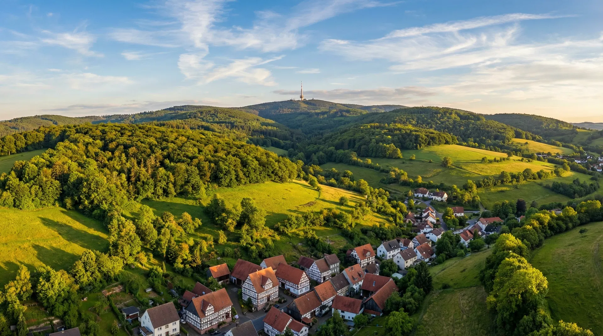 Panoramablick über den Hochtaunuskreis mit Taunus-Hügeln und Fachwerkgärten