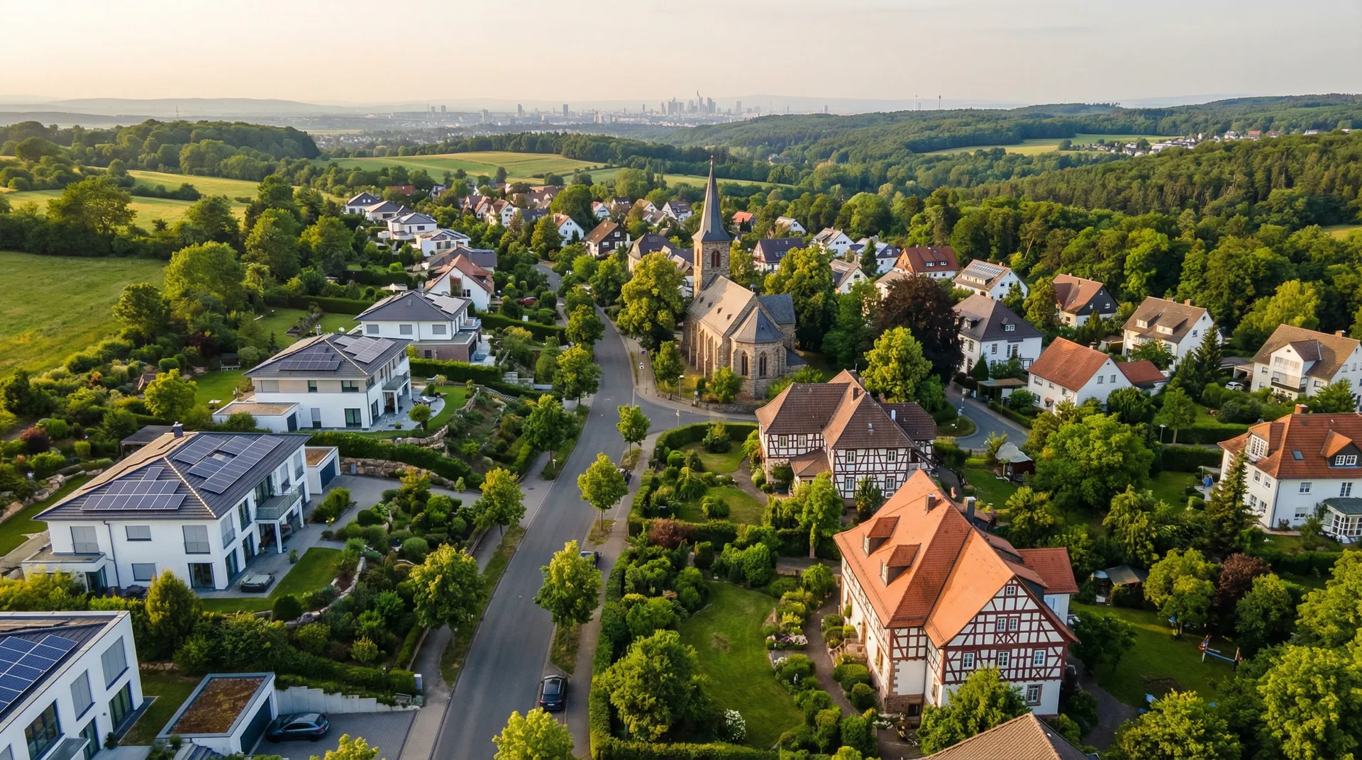 Taunus-Gemeinde mit Kirche und Fachwerkhäusern, Frankfurter Skyline am Horizont