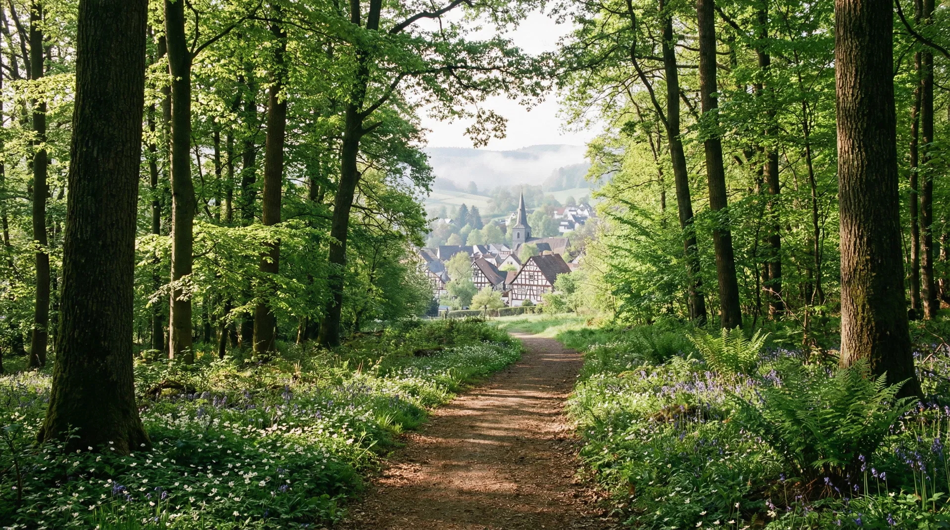 Waldweg im Taunus mit Blick auf ein Dorf im Tal