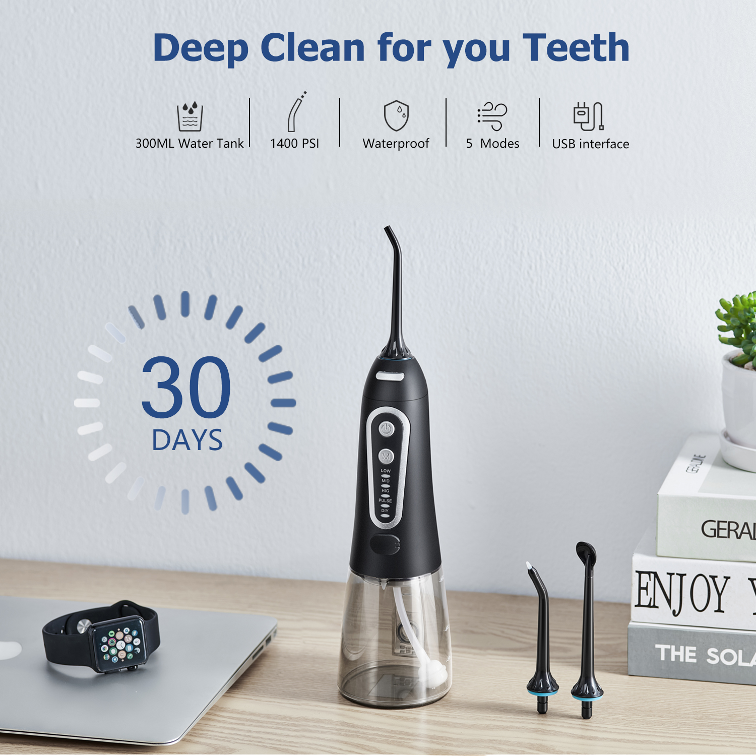 Rechargeable Portable Cordless Water Flosser IPX7 Waterproof 300ml Oral Irrigator 5 Modes for Travel Home Hotel Teeth Cleaning