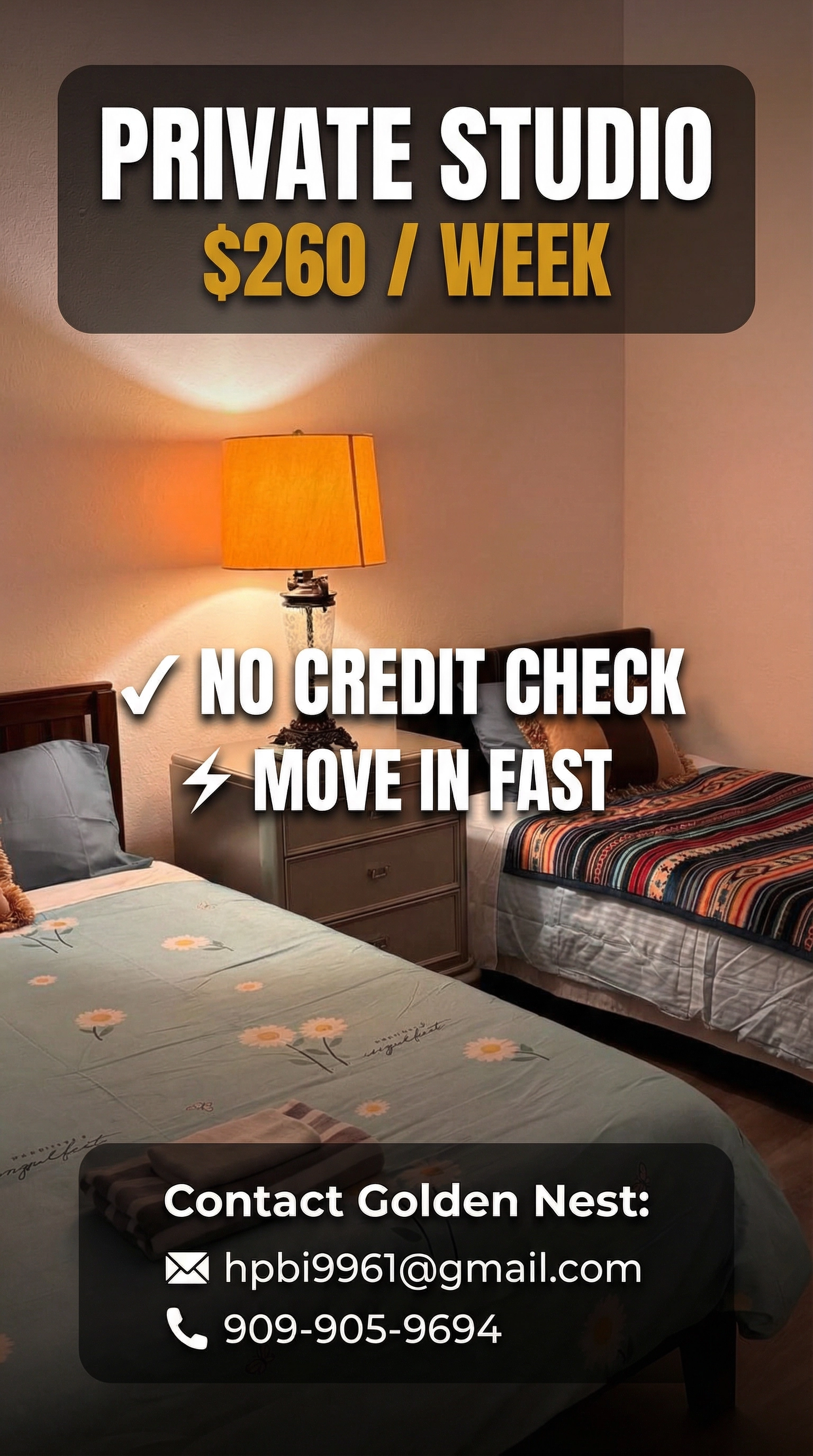 Private Studio $260/Week — No Credit Check, Move In Fast