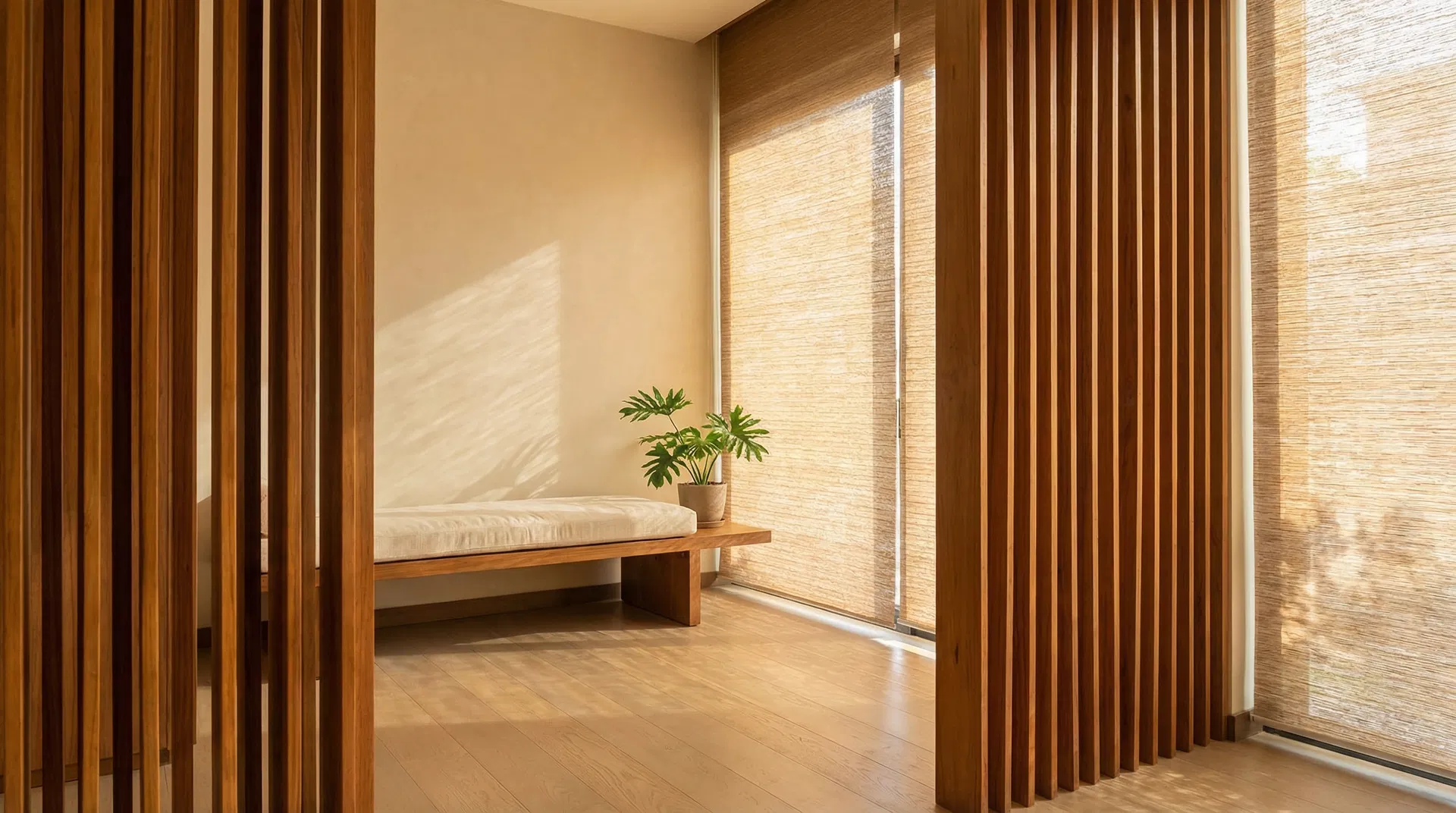Modern Filipino interior with teak wood slats and natural light