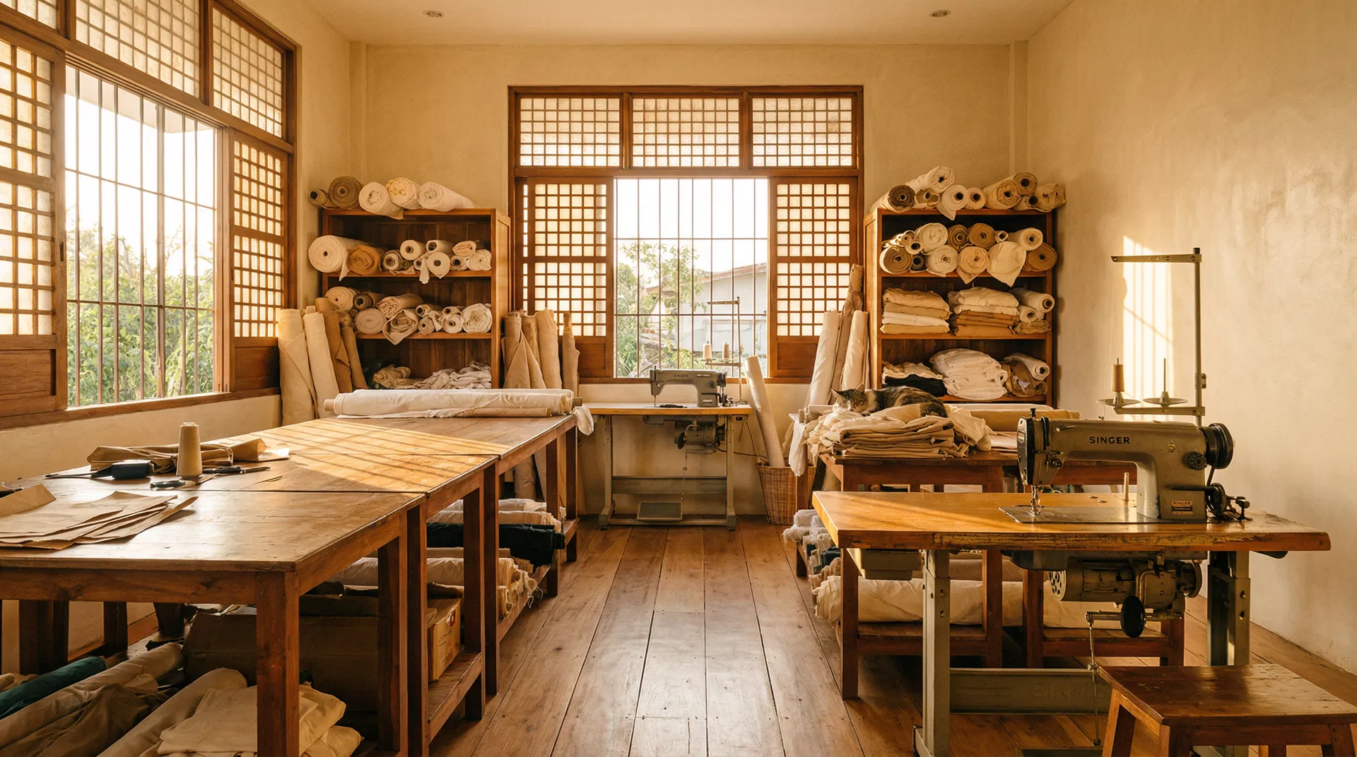 Filipino garment workshop with warm golden-hour sunlight, wooden tables, and fabric rolls