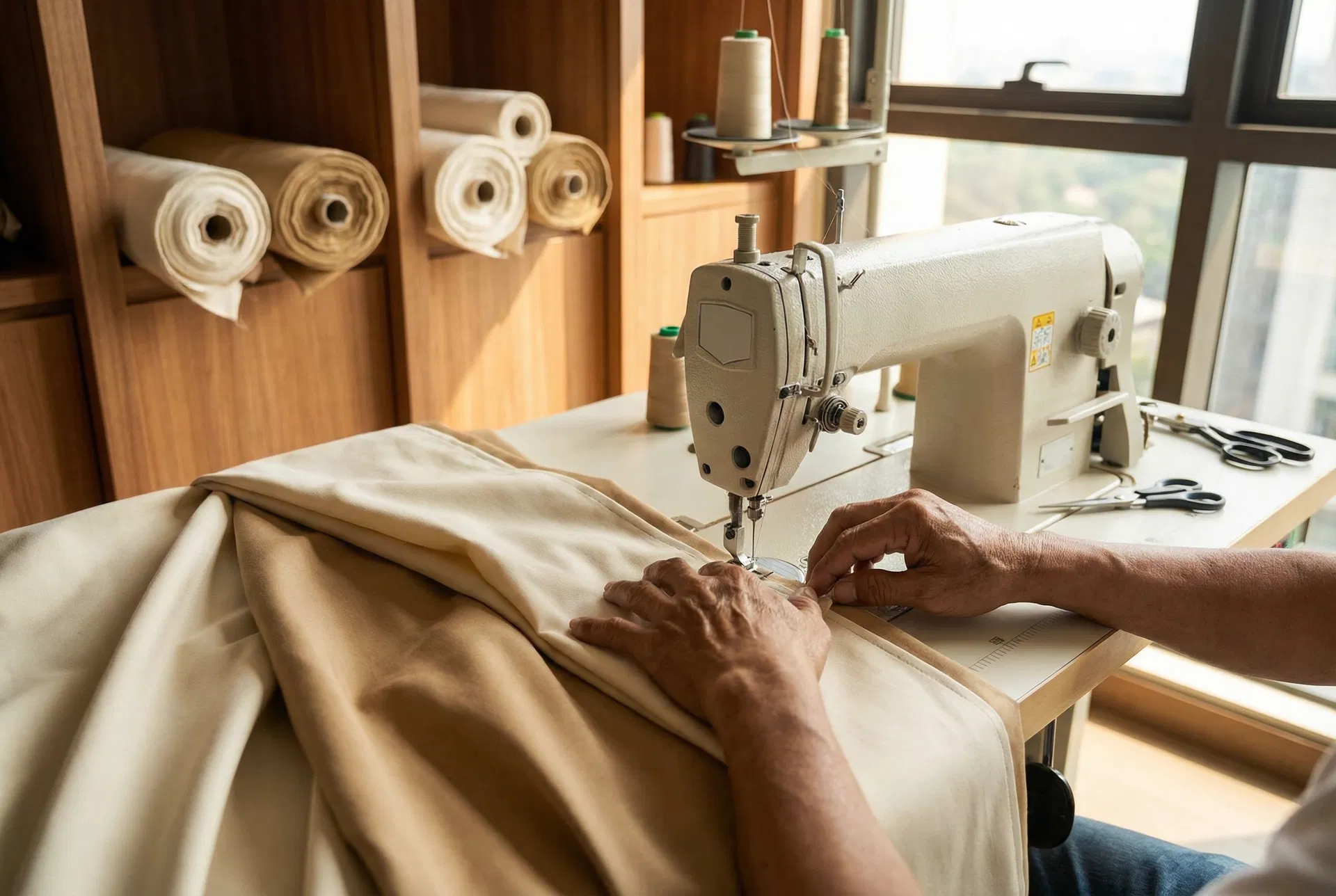 Skilled Filipino craftsperson carefully stitching fabric