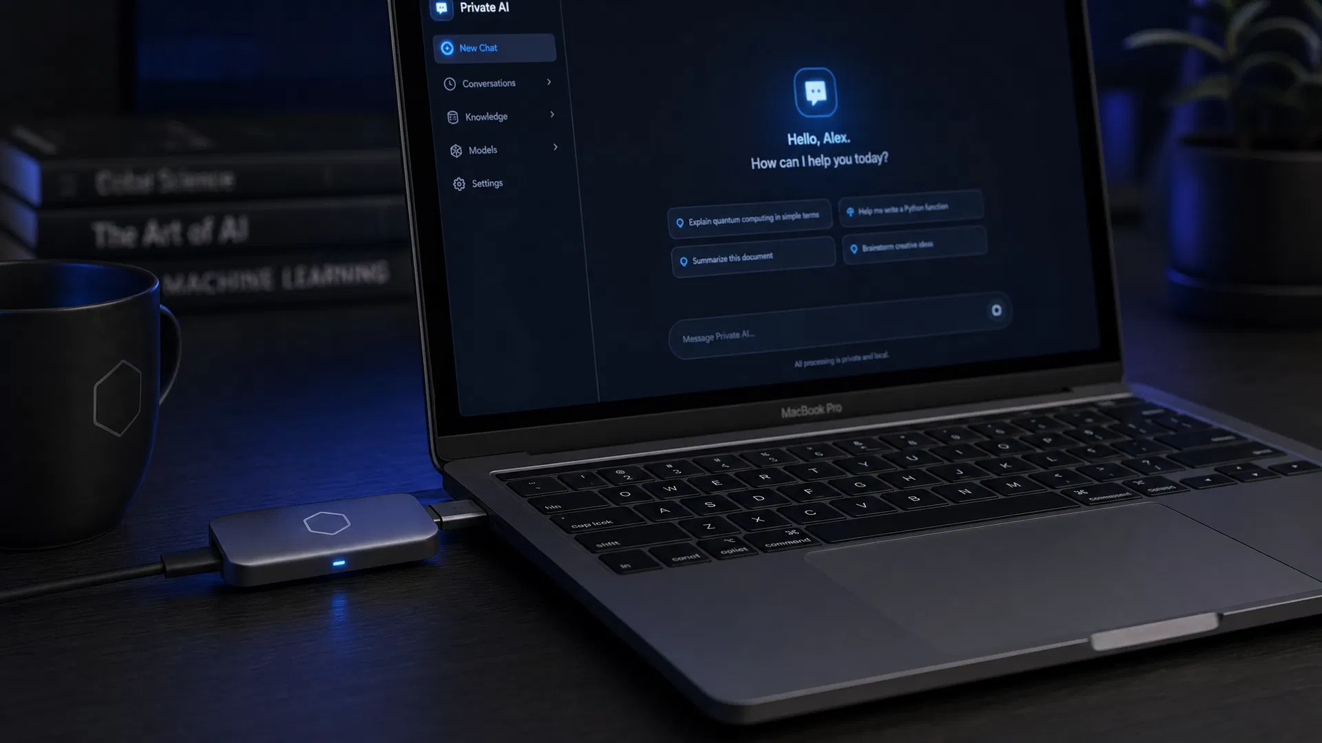 CortexKey plugged into a MacBook showing AI interface