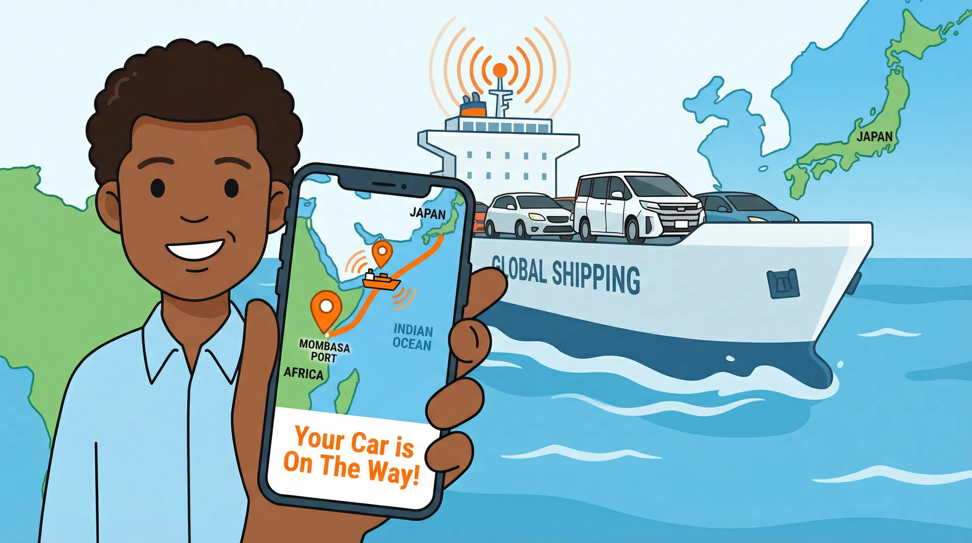 CarHappy GPS tracking — your car on the way from Japan to Africa
