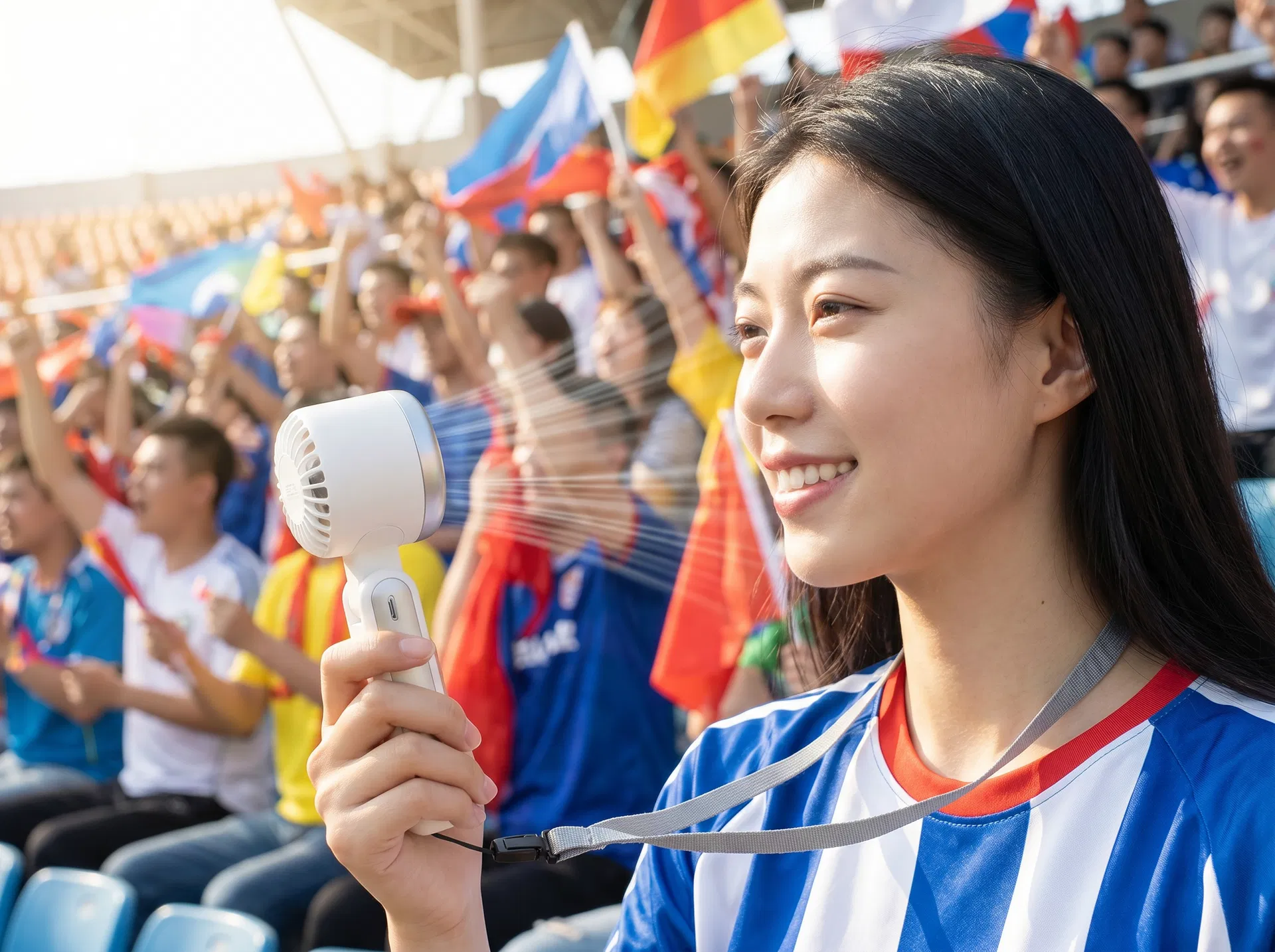 Soccer fan using mini fan to cool down at hot stadium