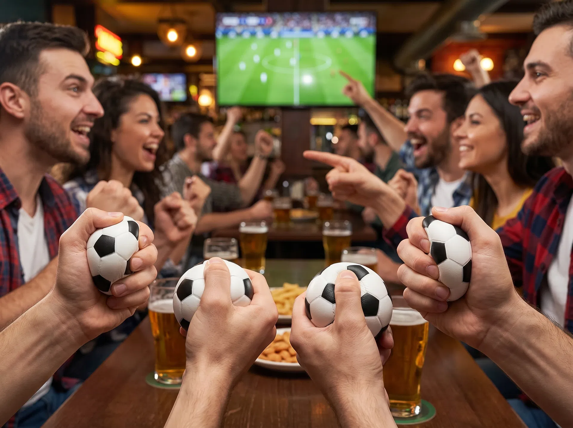 Soccer fan squeezing stress ball during tense match moment