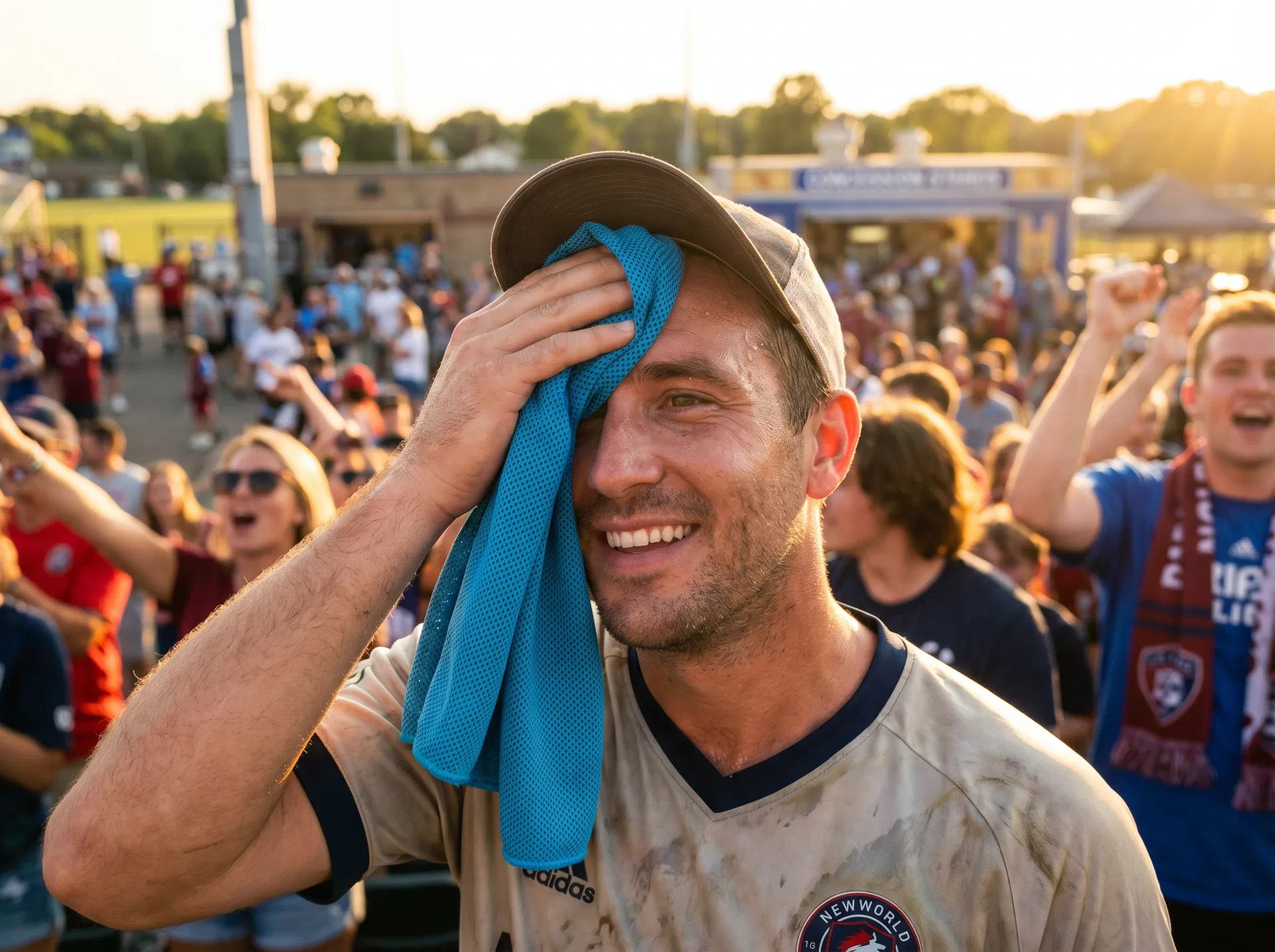 Soccer fan using cooling ice towel at match