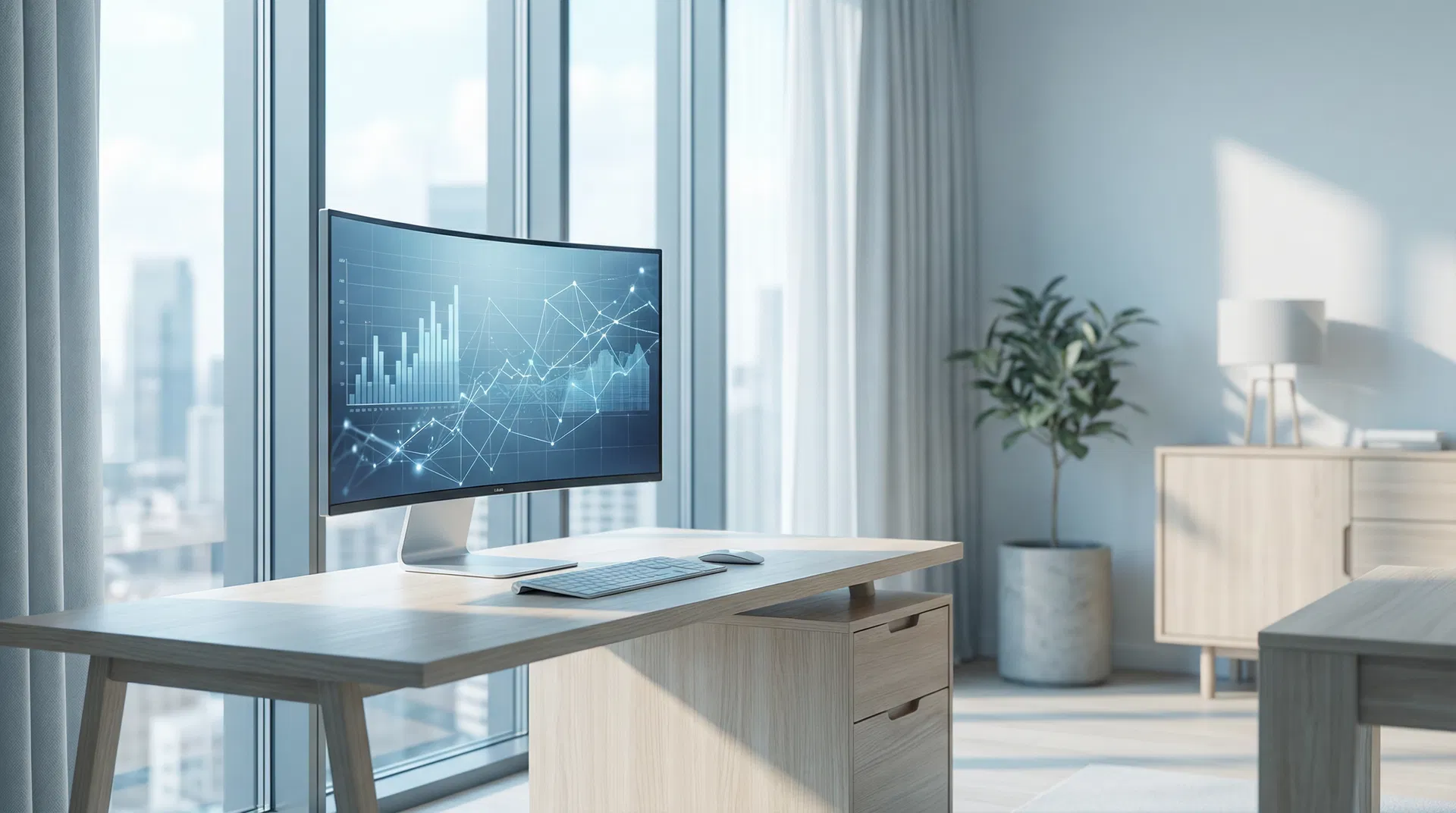 Modernes Büro mit KI-Datenvisualisierung