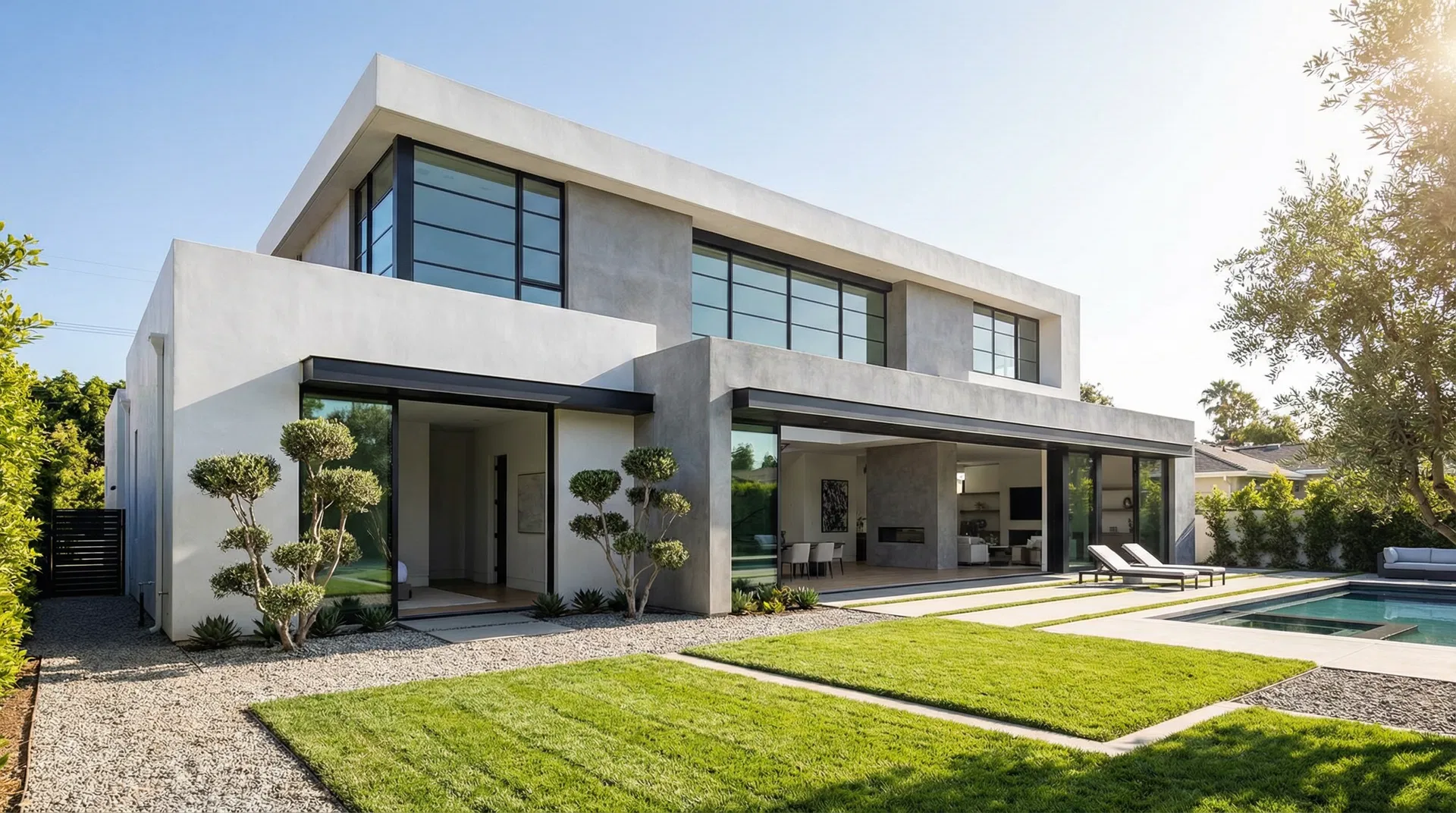 Minimalist modern home with hurricane protection features