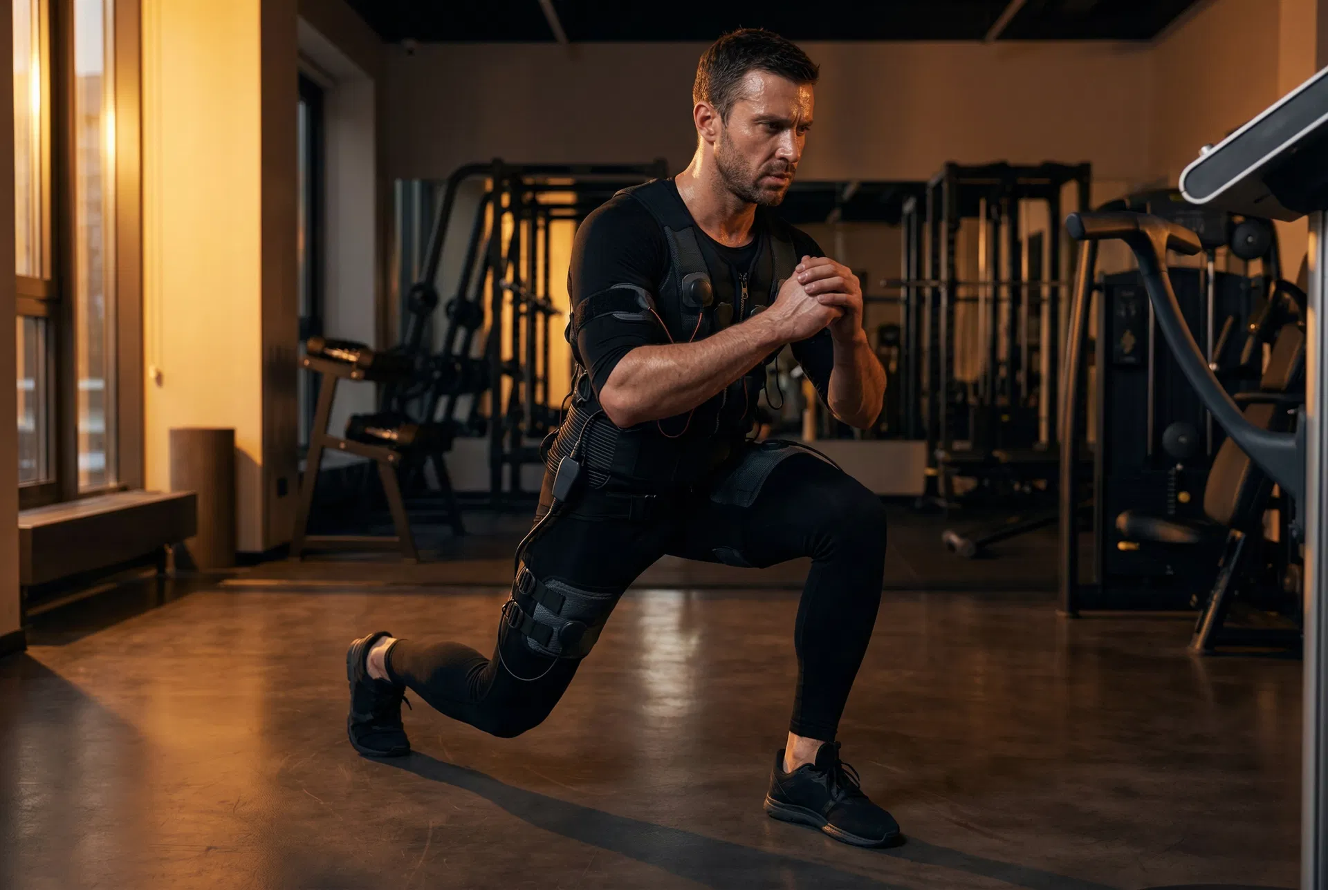 Man in EMS training suit performing intense workout at Valjalah Miami Beach