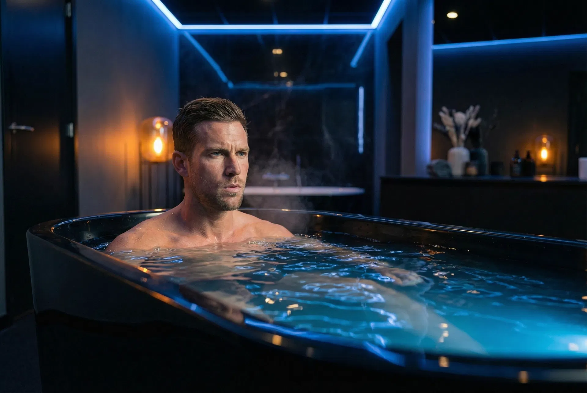 Man in cold plunge tub at Valjalah recovery studio in Miami Beach Florida