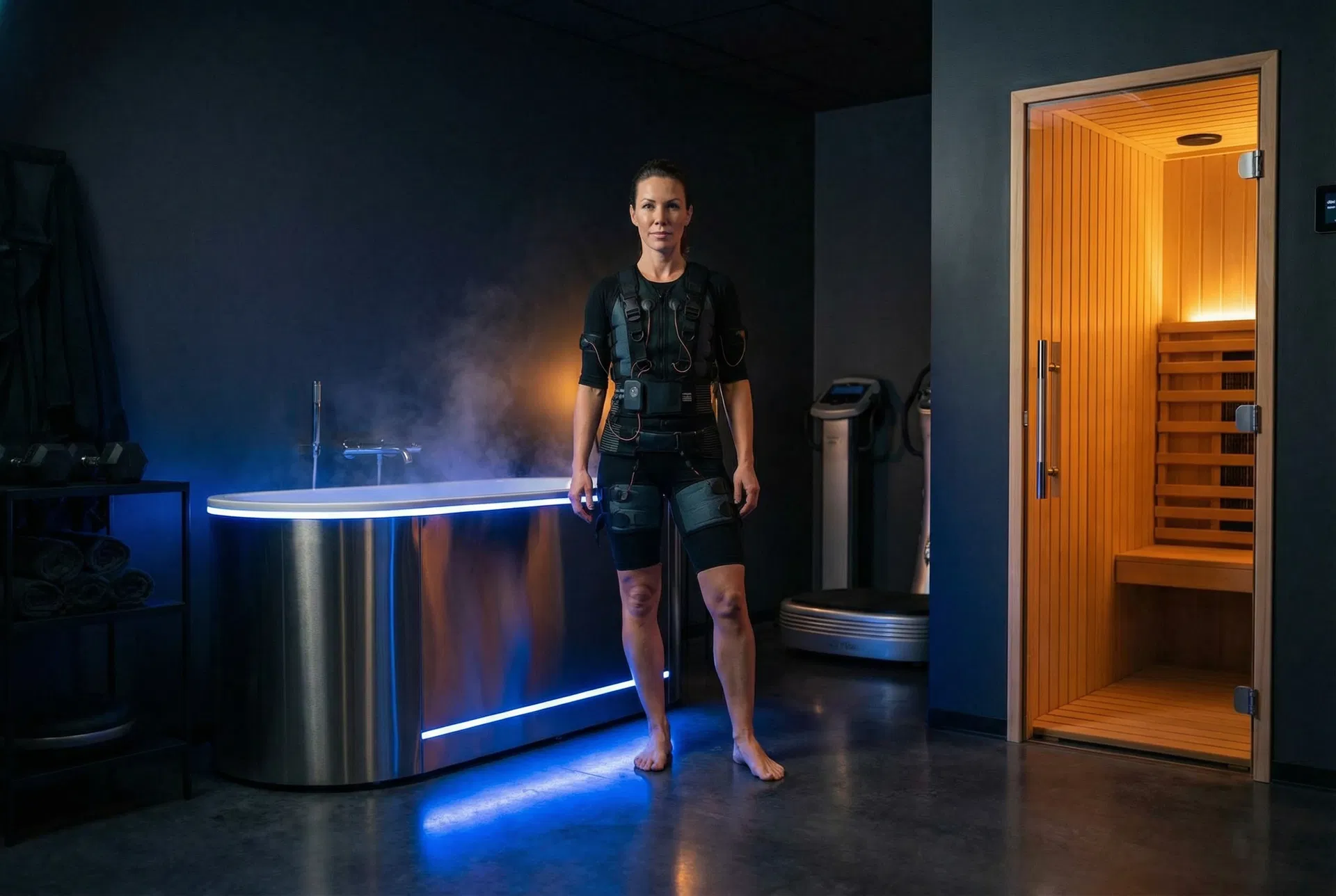 Athlete in EMS suit at Valjalah recovery circuit with cold plunge and infrared sauna in Miami Beach