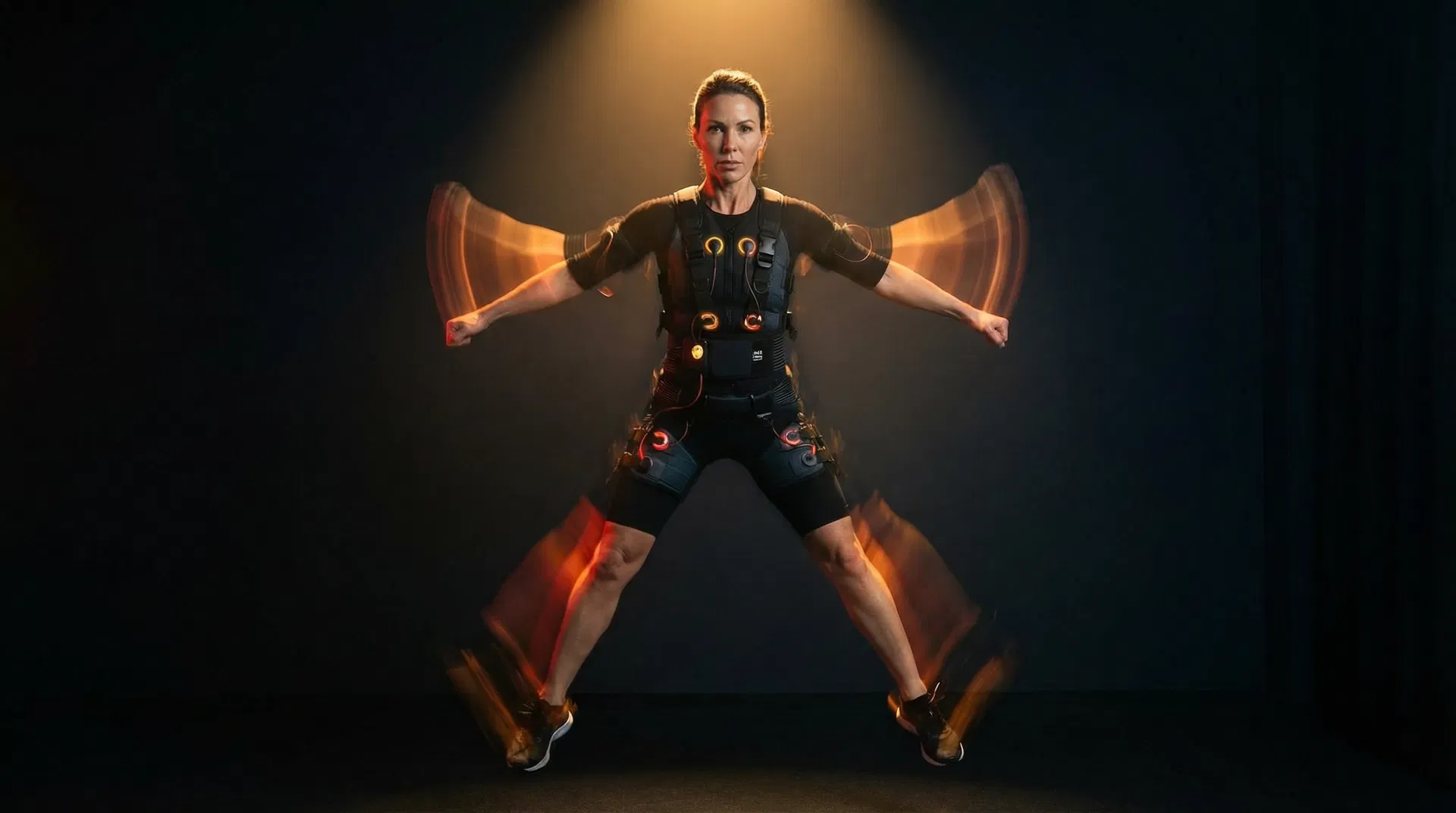 Woman in EMS suit doing explosive jumping jacks with motion blur