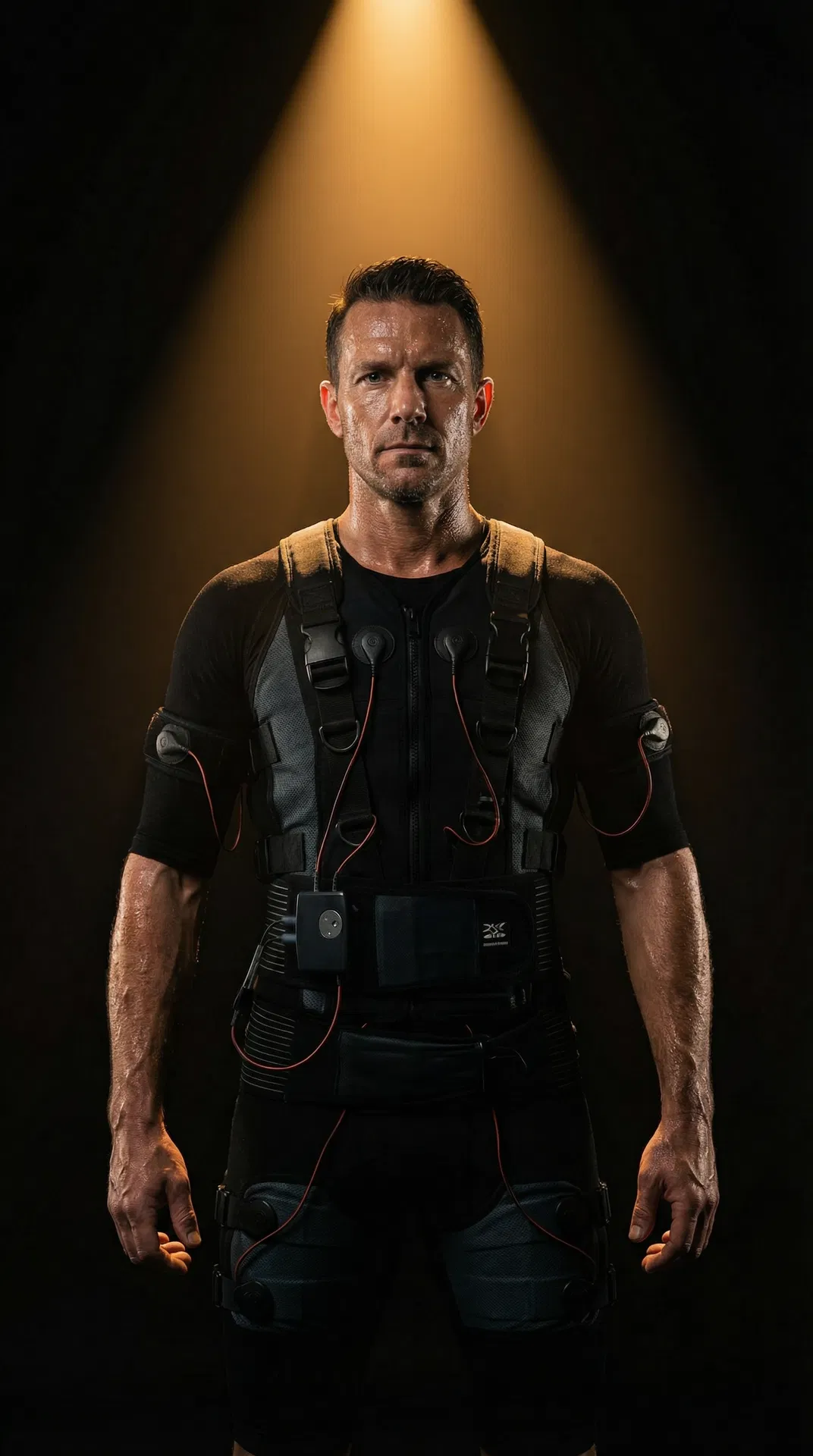 Man in EMS Zeus suit standing under dramatic amber spotlight