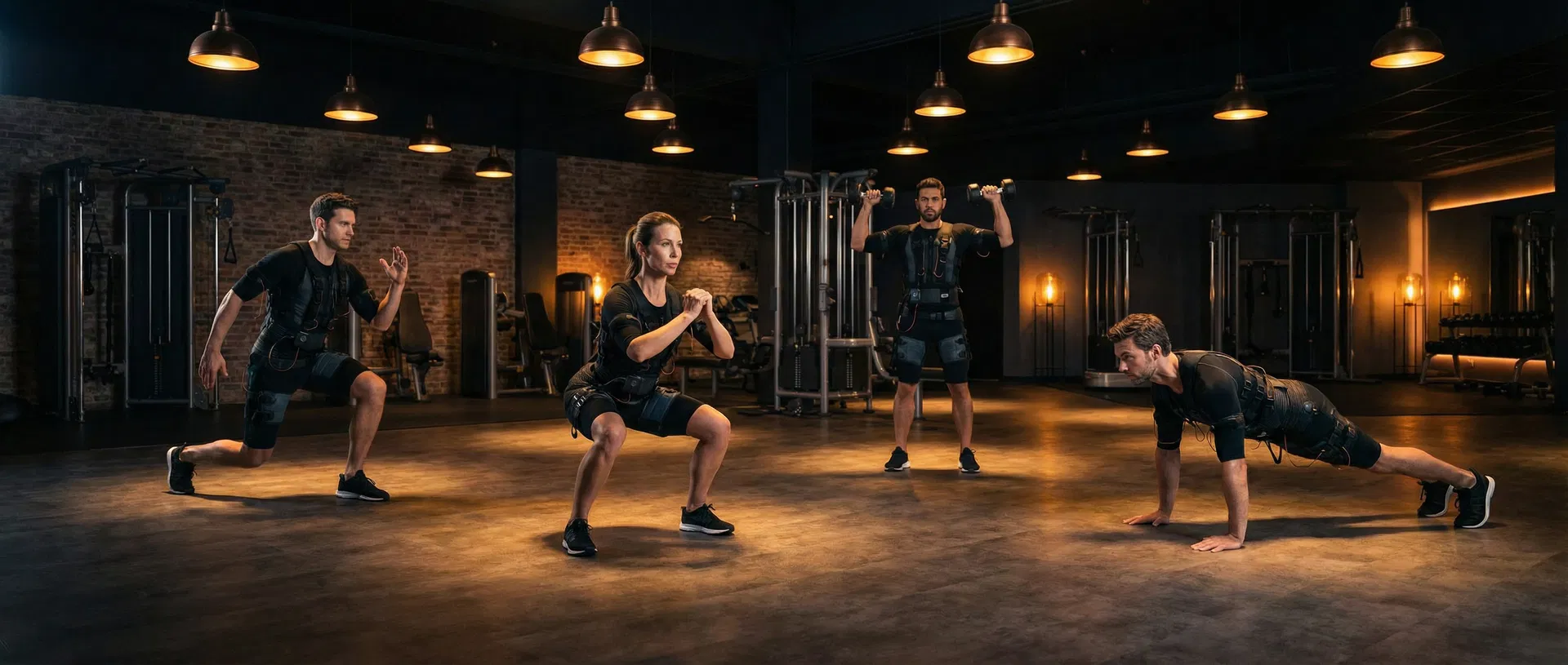 Four people in EMS Zeus suits training simultaneously in premium dark studio