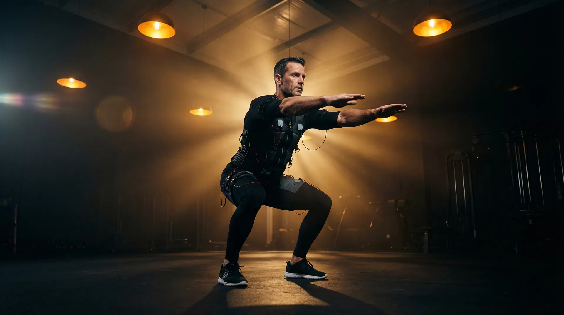 Man in EMS Zeus suit performing squat with arms extended, dramatic amber studio lighting