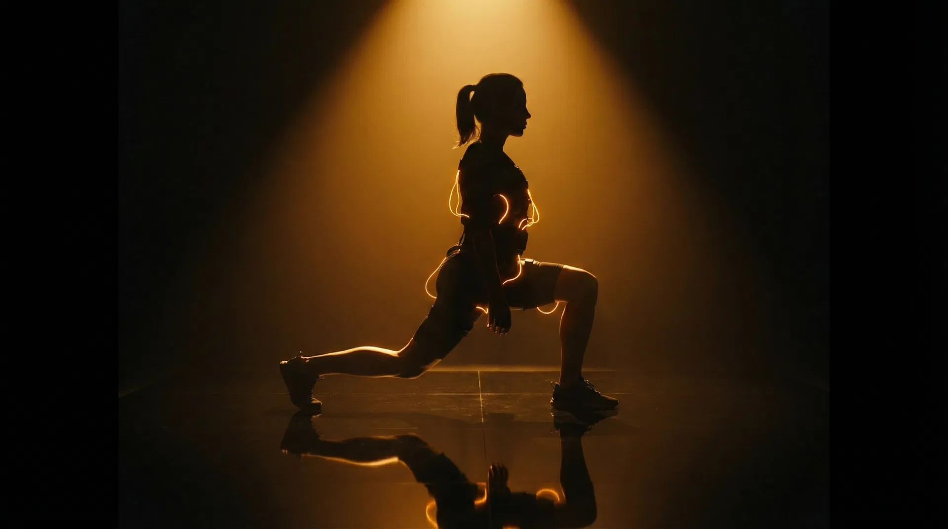 Silhouette of woman in EMS suit doing lunge with amber rim light
