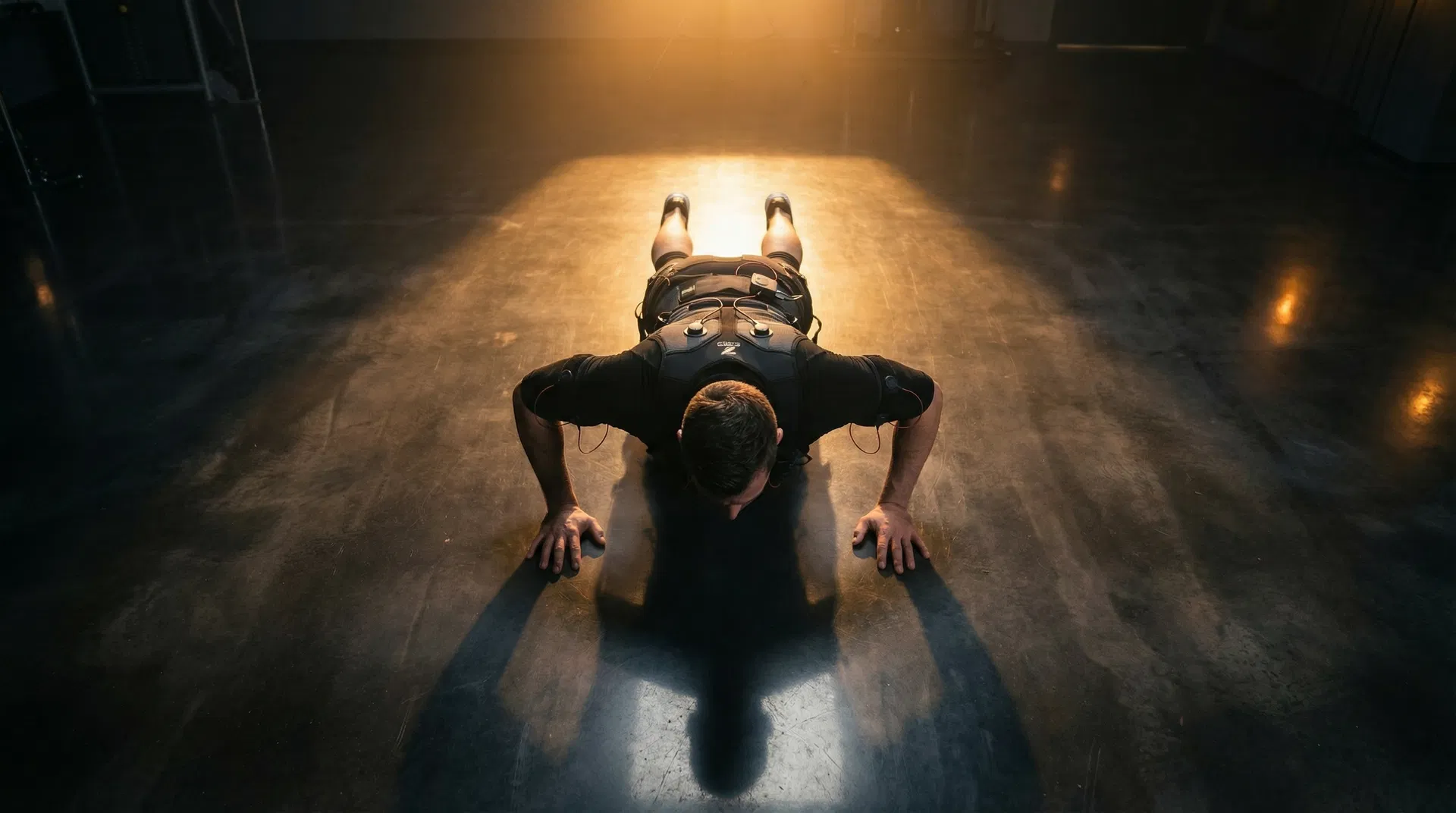 Overhead bird's-eye view of man in EMS suit doing push-up in spotlight