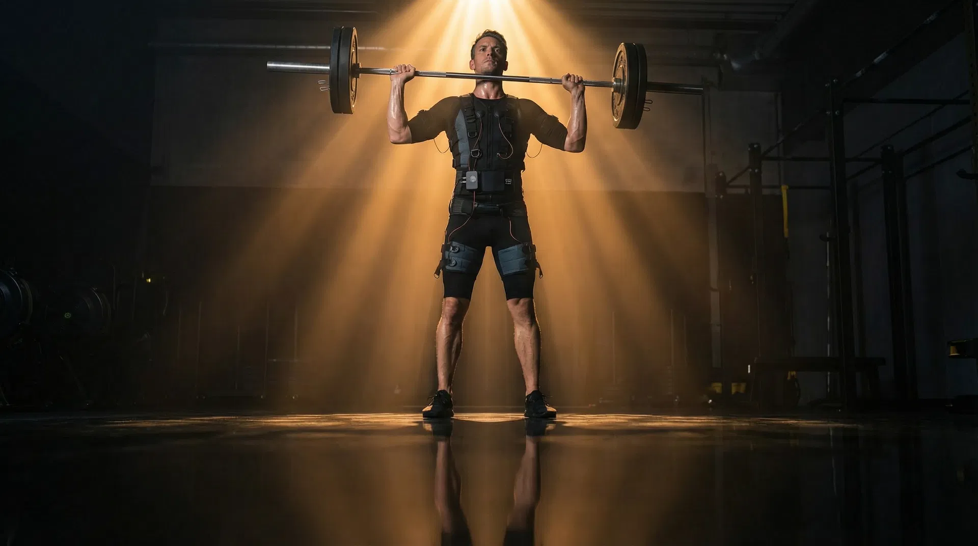Man in EMS Zeus suit performing overhead barbell press in dramatic god-ray lighting