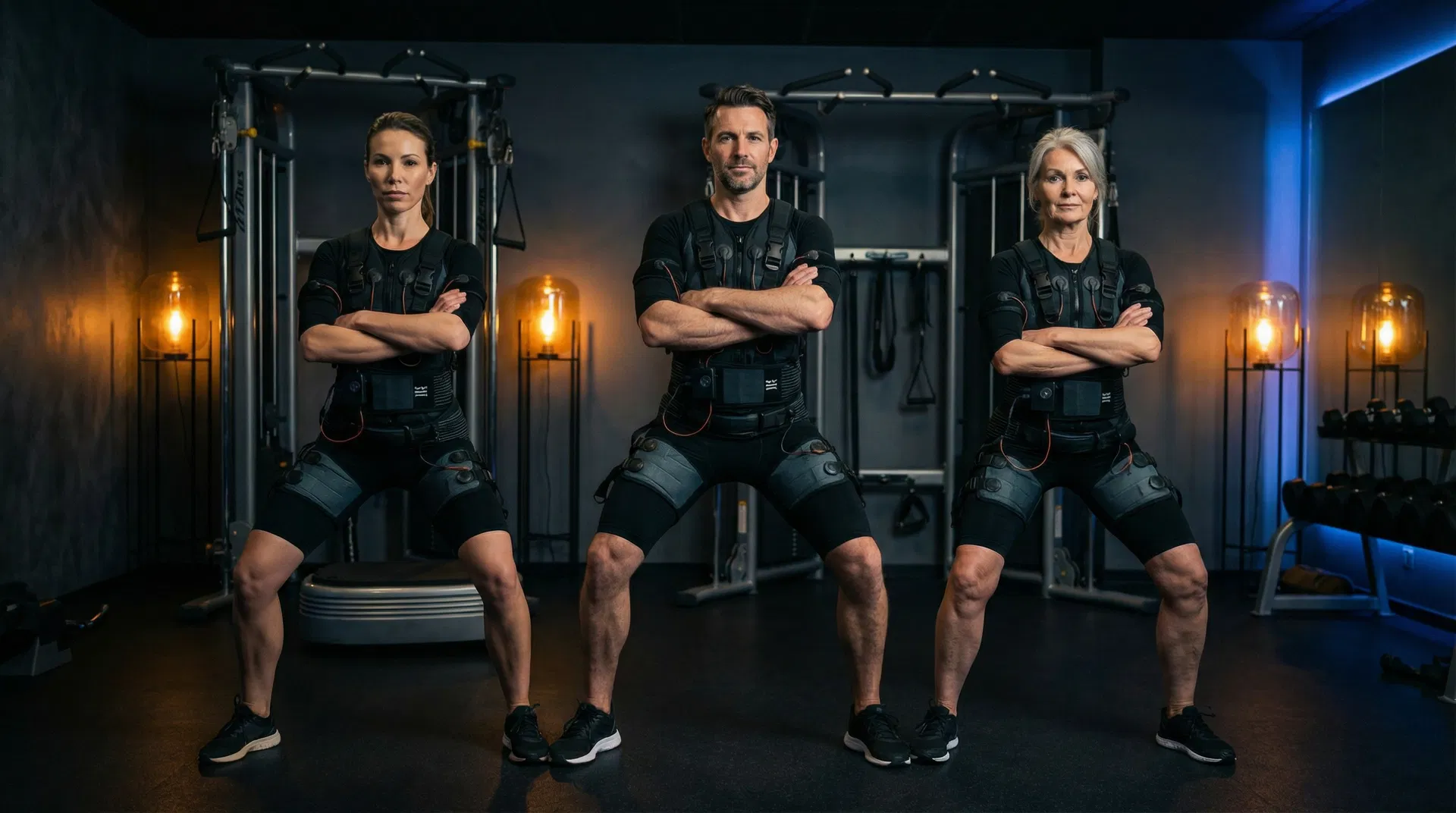 Three clients in EMS suits standing confidently at Valjalah studio Miami Beach