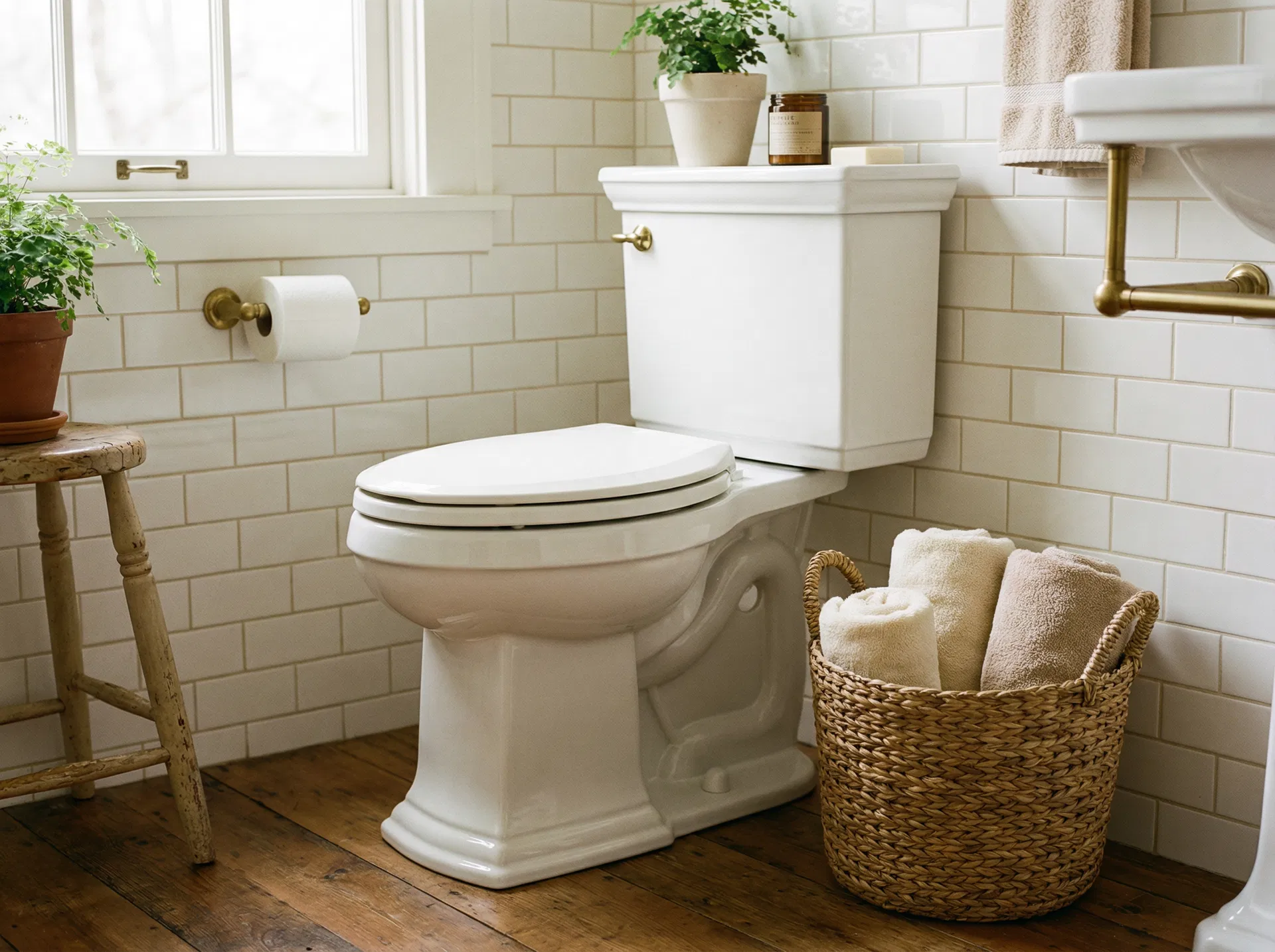 Classic white comfort-height toilet in warm residential bathroom with subway tile and woven basket