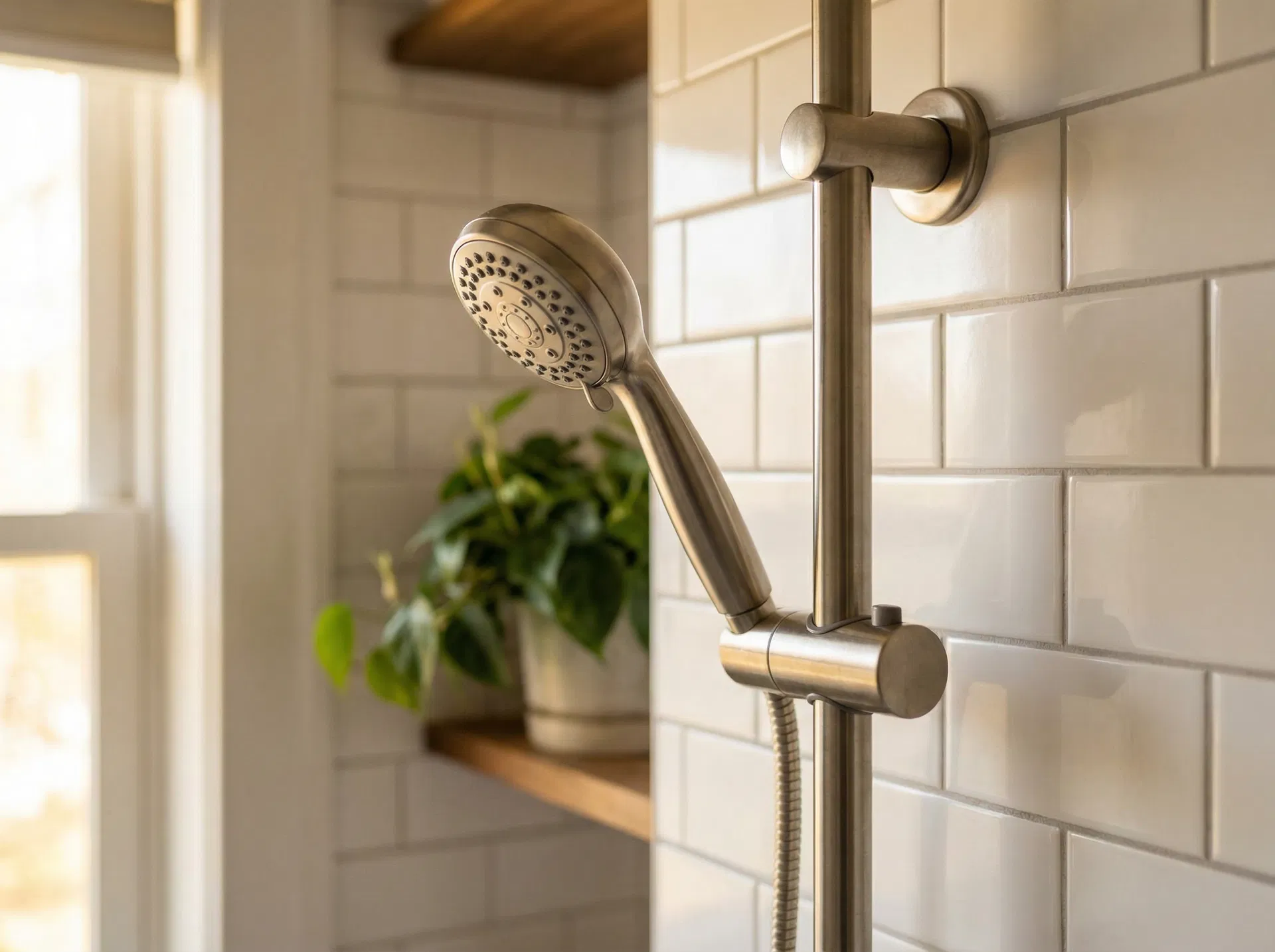 Brushed nickel handheld showerhead on adjustable slide bar, white subway tile shower wall