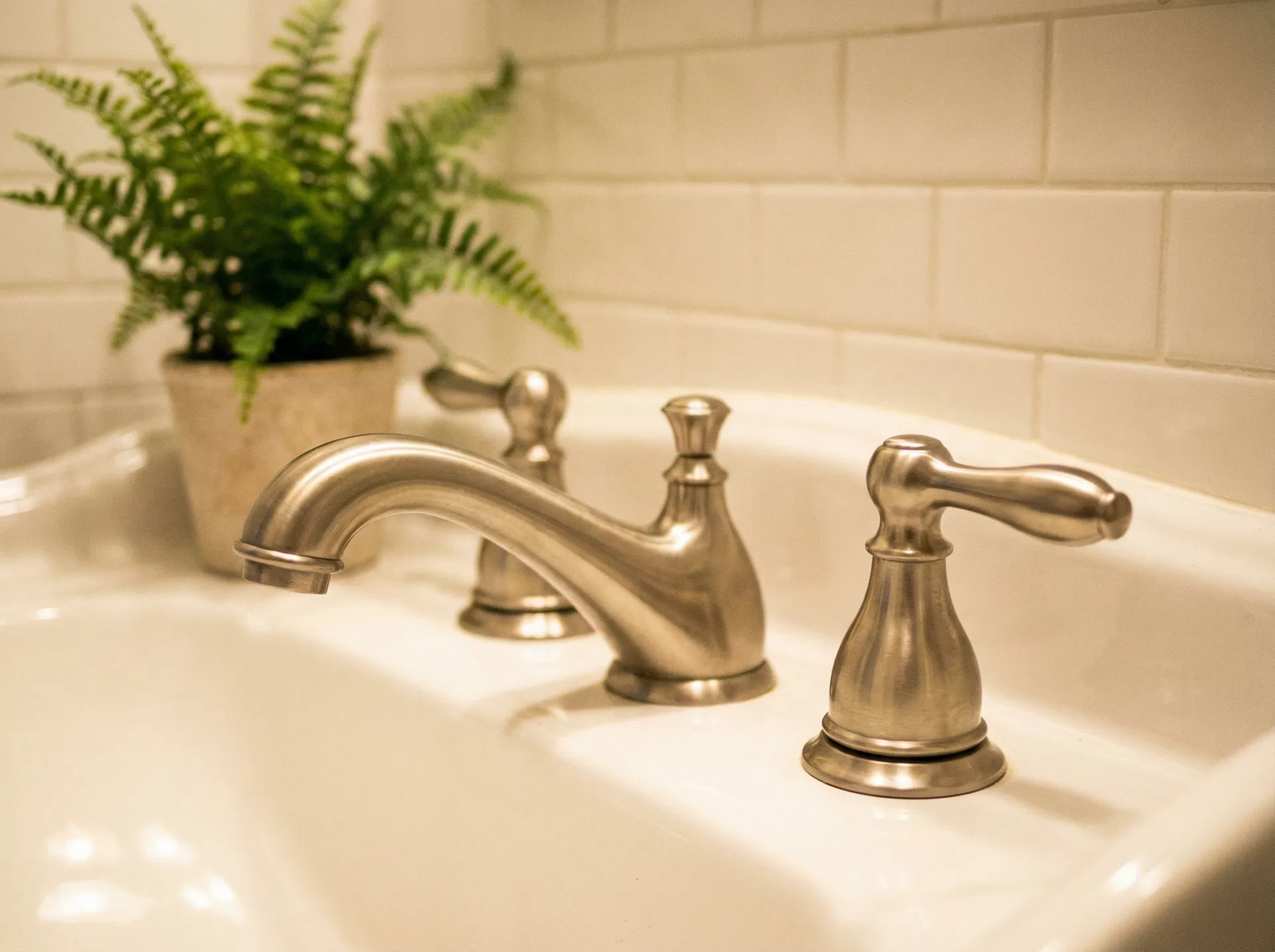 Brushed nickel lever-style faucet handles on white porcelain bathroom sink, easy to operate without gripping