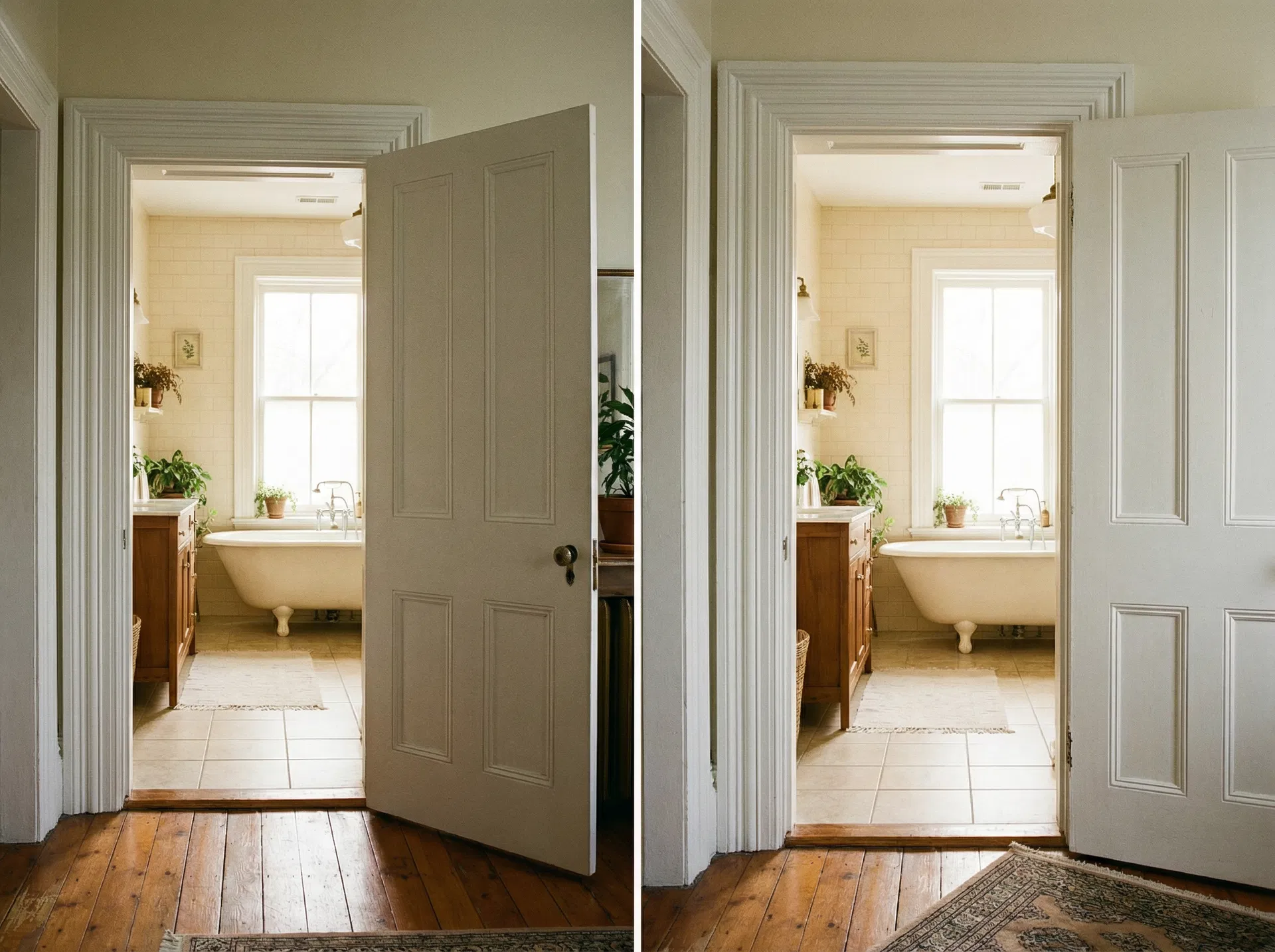 Wide bathroom doorway with white painted frame open to a warm residential bathroom interior