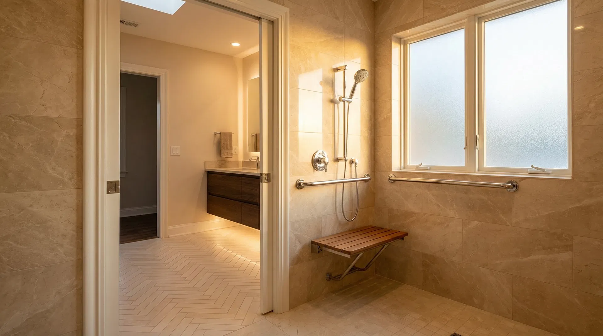 Aging-in-place accessible bathroom with curbless shower and grab bars