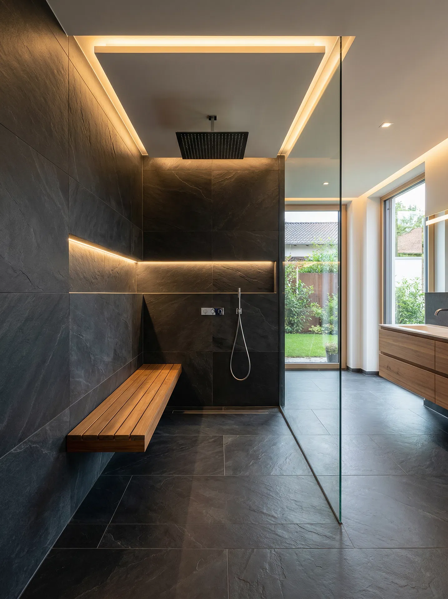 Curbless walk-in shower for senior bathroom remodeling in Nassau County