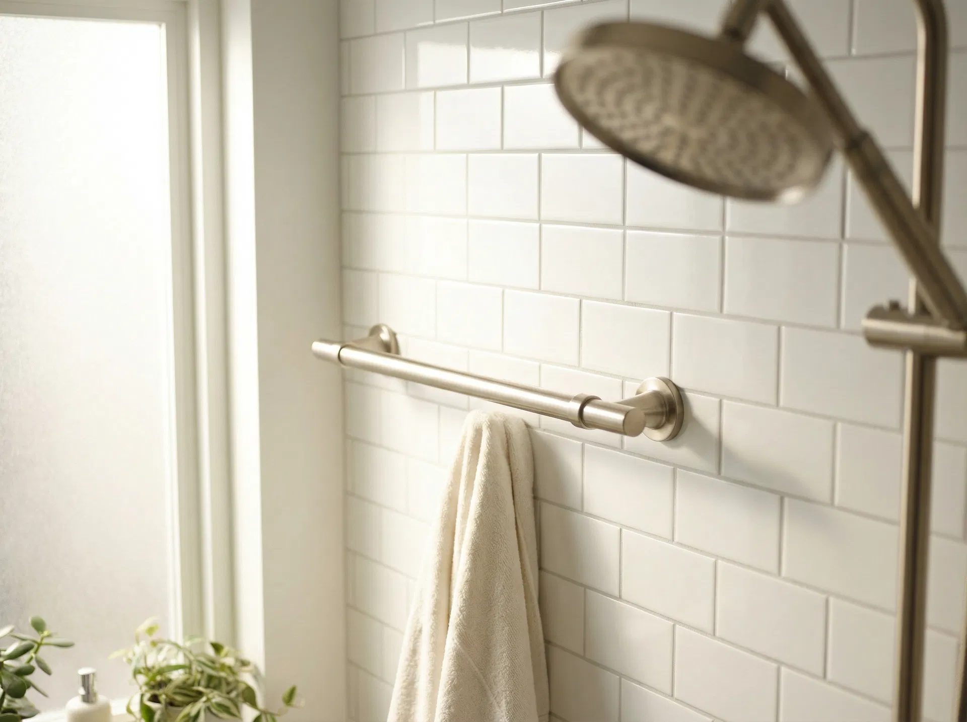 Brushed nickel grab bar on white subway tile shower wall, Nassau County senior bathroom remodel by General Modernizer